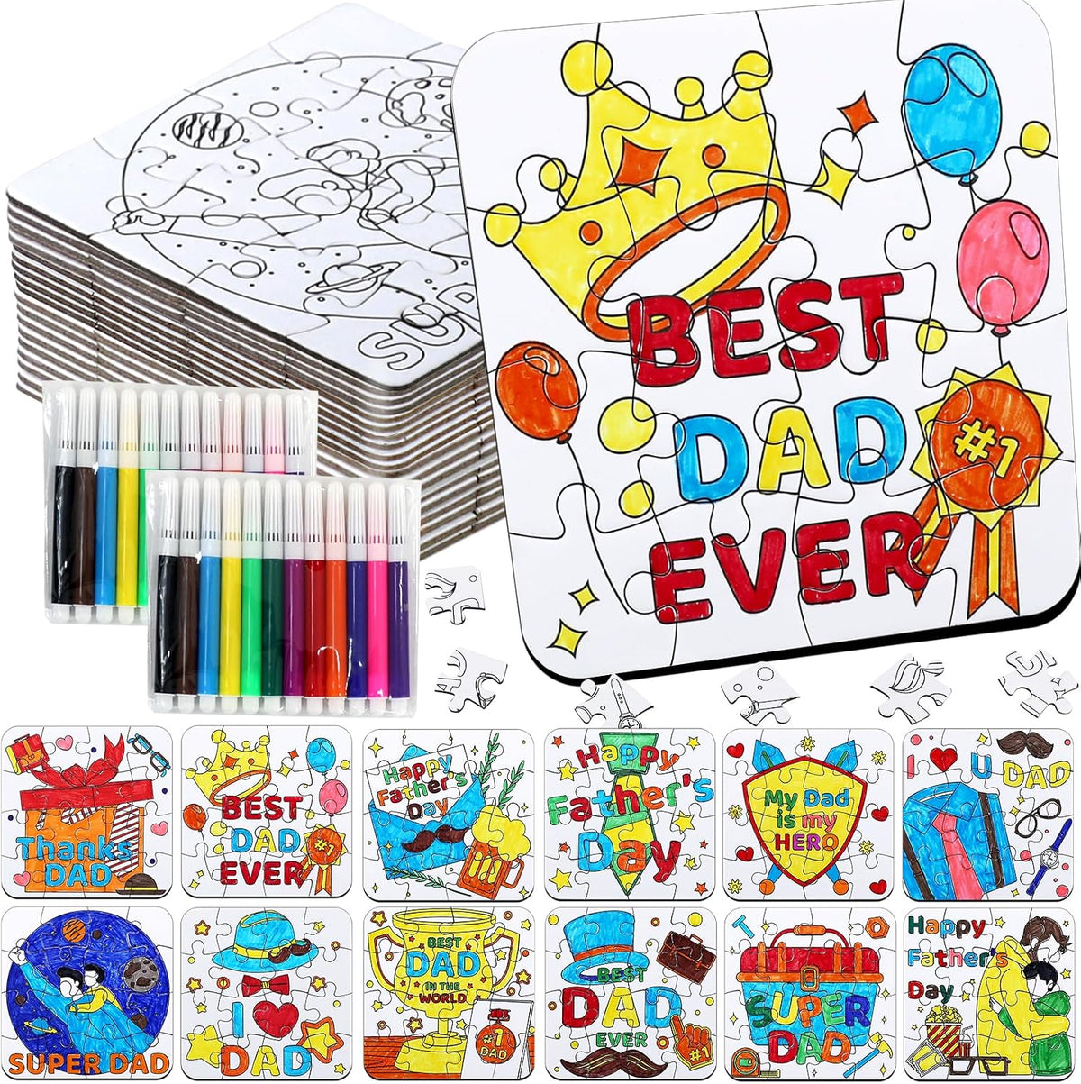 24 Set Fathers Day Crafts for Kids Classroom Bulk, Father's Day Arts DIY Jigsaw Puzzle with Shirt Hat Crown, Summer Camp Best Dad Activity Painting Kit for School Gifts Coloring Games Party Favors