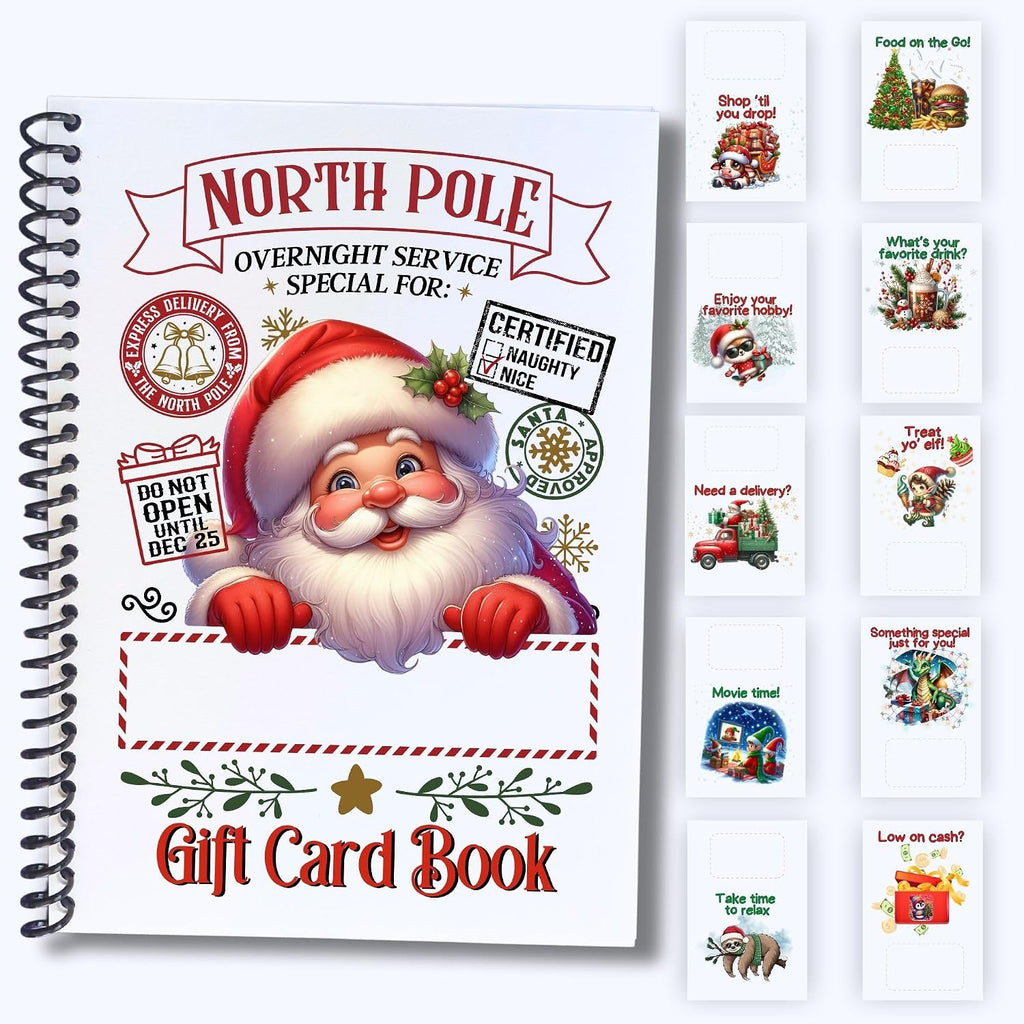 Christmas Gift Card Book 5x7 inches with Stickers, 10 Page Soft Cover Spiral Bound with Protective PVC Cover, and 20 Double Sided Sticky Dots - 8 Different Cover Design Options (Santa North Pole)