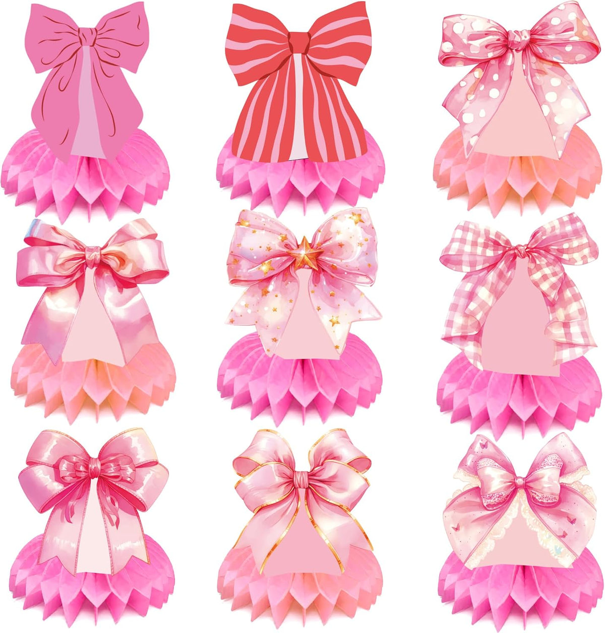 Pink Bow Honeycomb Centerpieces - Coquette Theme Party Table Decorations