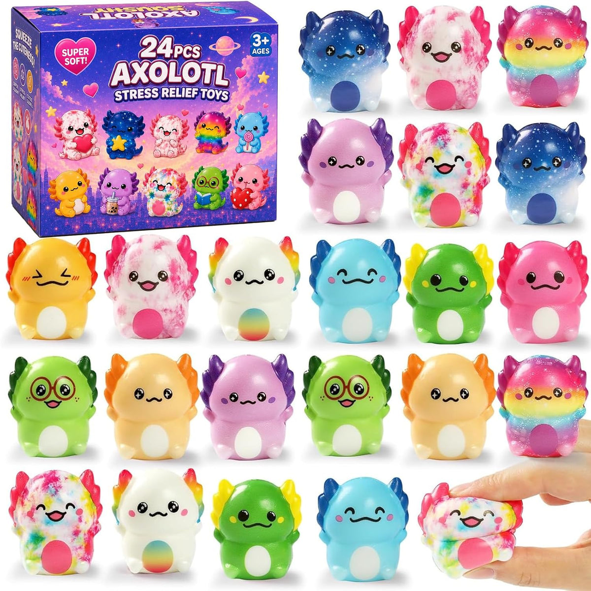 24PCS Axolotl Squishy Toy,Axolotl Stress Relief Fidget Toy,Slow Rising Squishy Stress Fidget Toys,Axolotl Squishies Party Favors