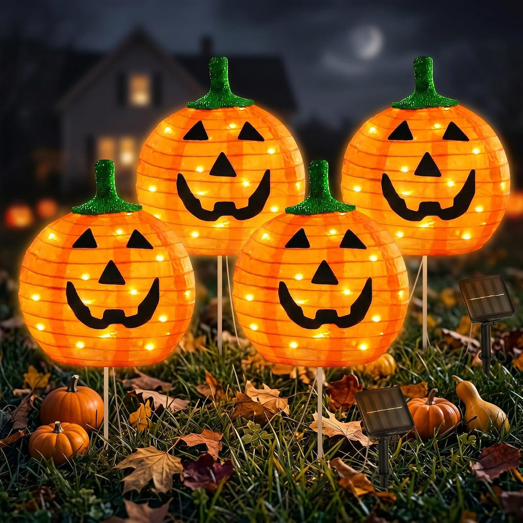 BRIGHTDECK Halloween Solar Pathway Lights Outdoor, LED Decor, Light Up Solar Stake Lights for Holiday, Halloween, Walkway, Sidewalk (Foldable Pumpkin, 4-Pack)