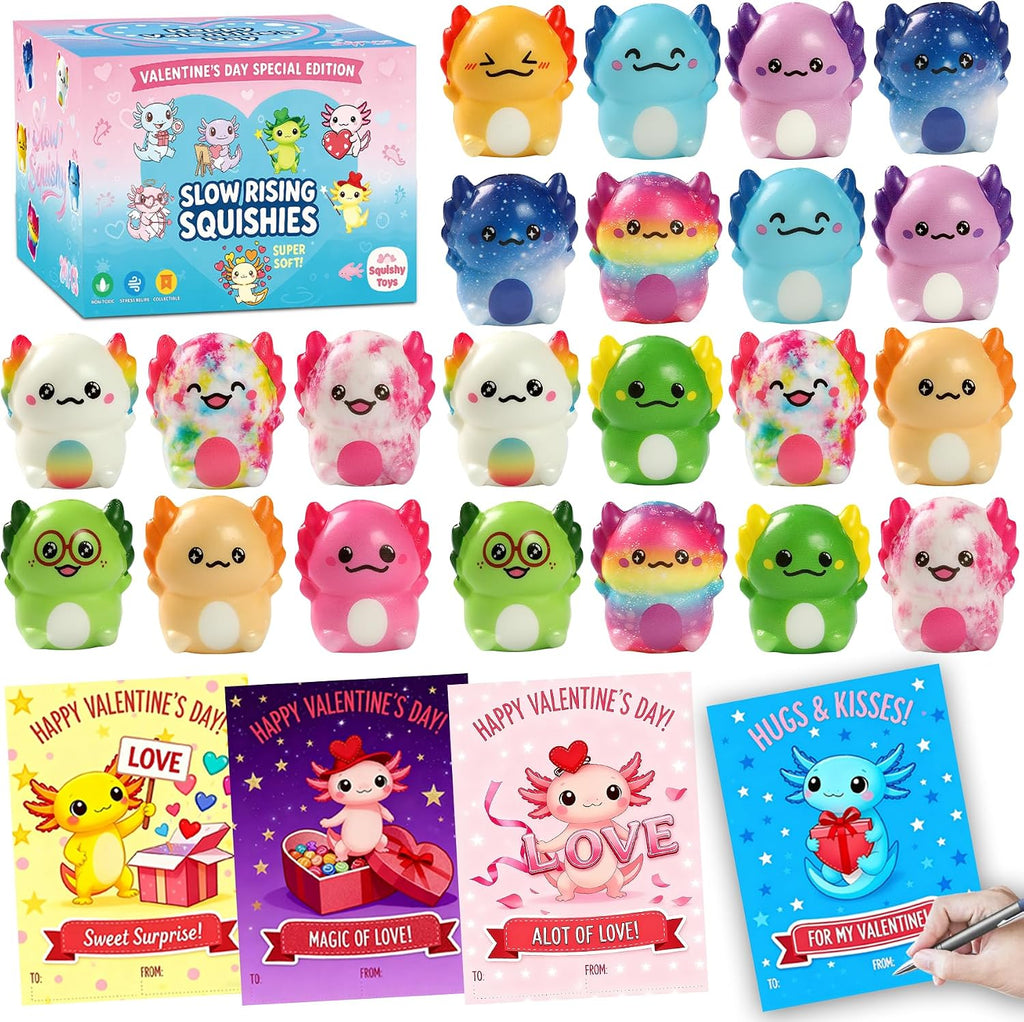 24 PCS Valentines Day Gift Cards with Axolotl Squishy Toys,Valentine's Axolotl Slow Rising Stress Relief Squishies Fidget Toys Bulk for Adults,Valentine's Party Favor