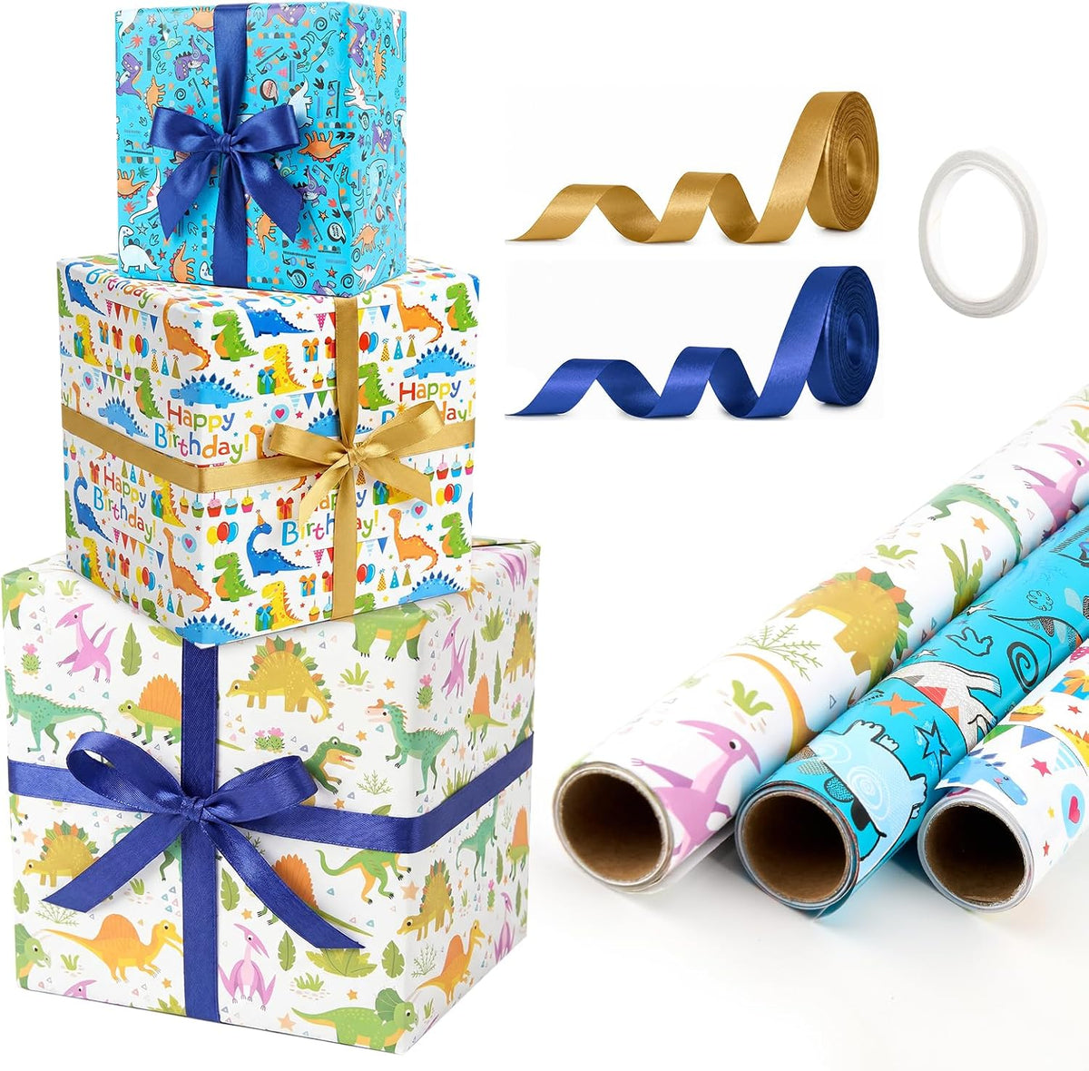 Bafeil Dinosaur Wrapping Paper Birthday Boy Roll Set - 3 Rolls