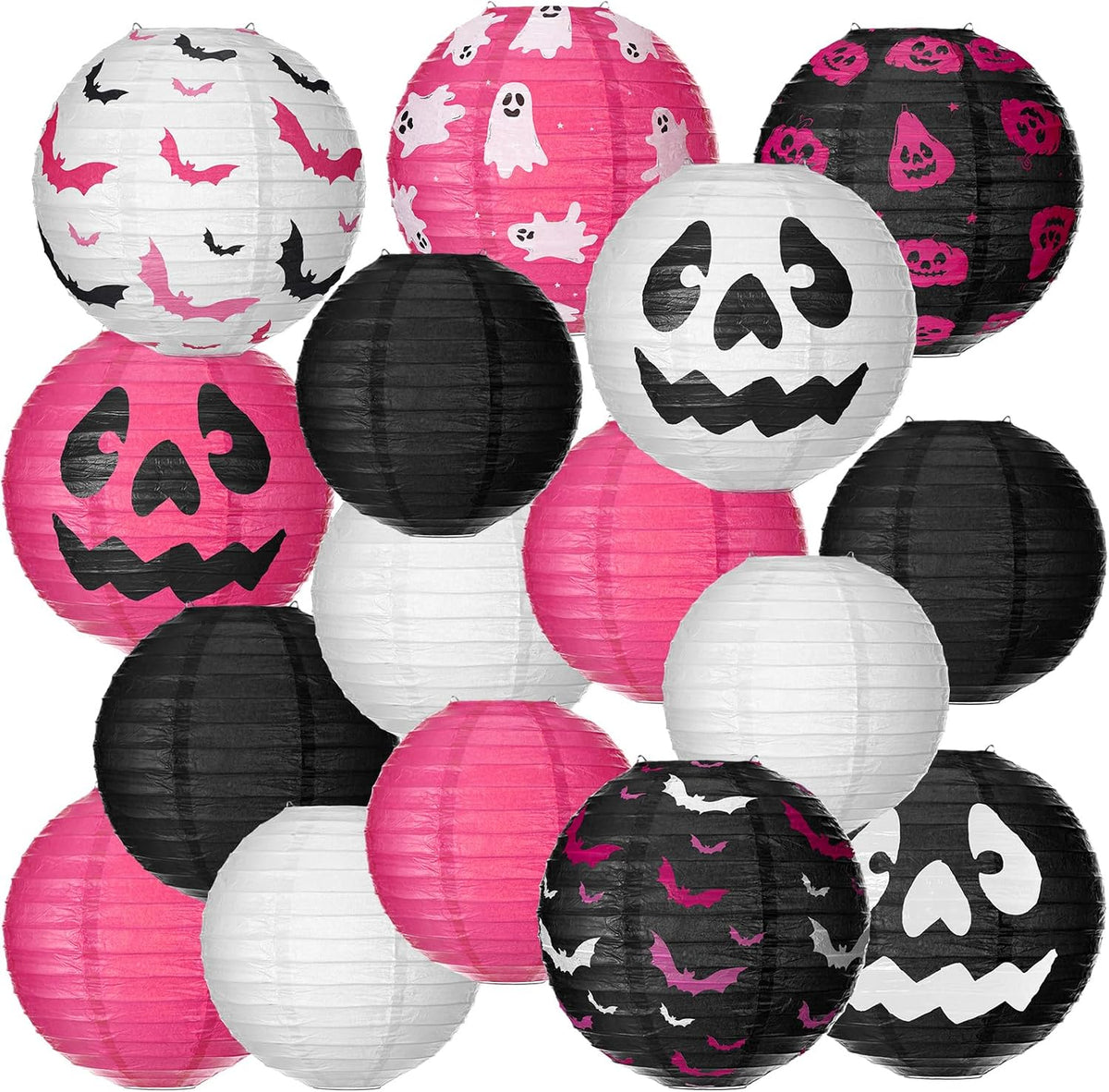 Bencailor 16 Pcs Halloween Paper Lanterns Ghost Bat Pumpkin Halloween Party Paper Lanterns Black White Red Round Hanging Party Decorations for Holiday Indoor Outdoor Decor