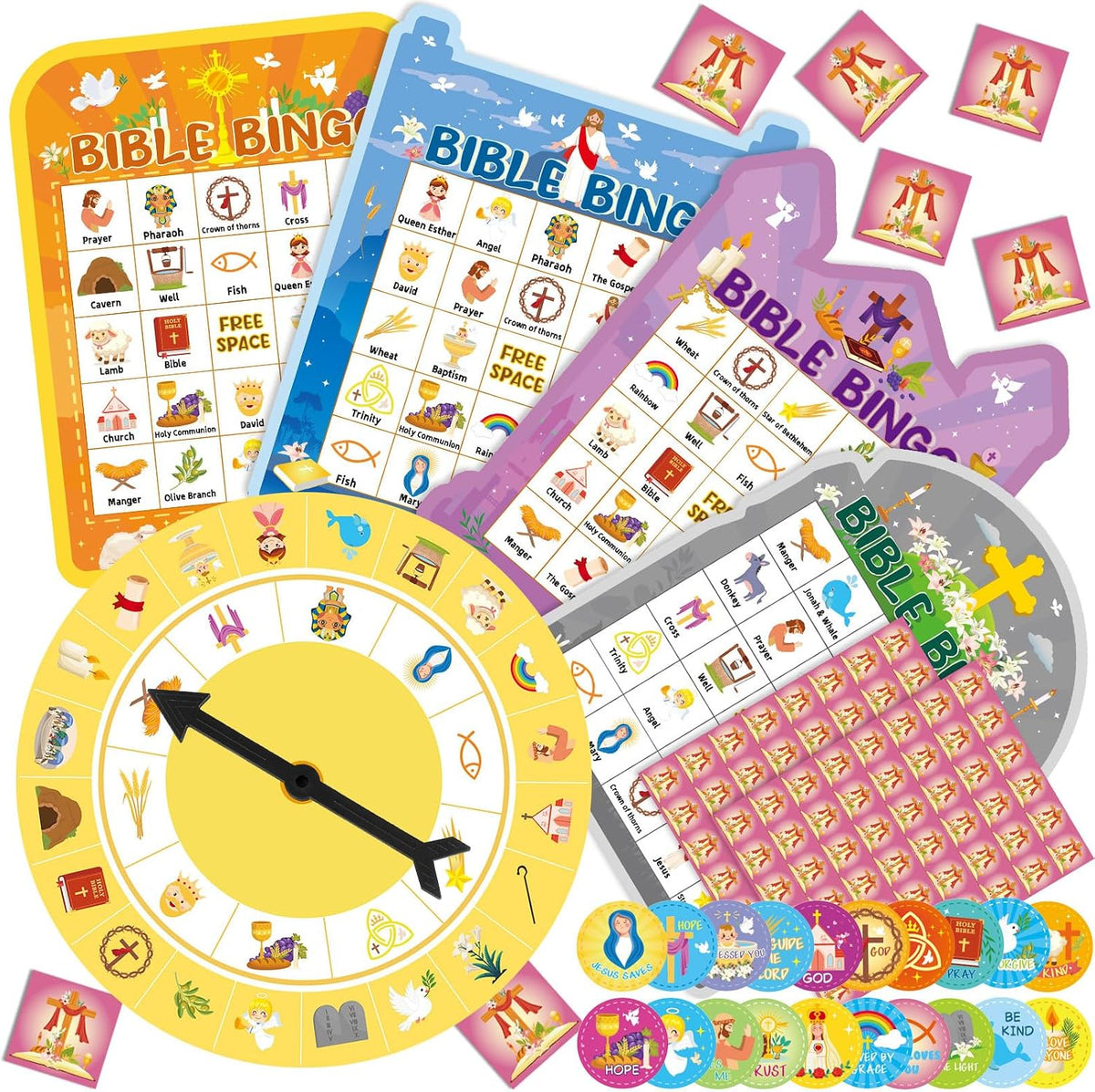 Easter Bible Bingo Game for Adults 24 Players Easter Bible Games for Kids Christian Supplies Cross Bingo Cards with Turntable Reward Stickers for Christian Party Activities Home Family Game