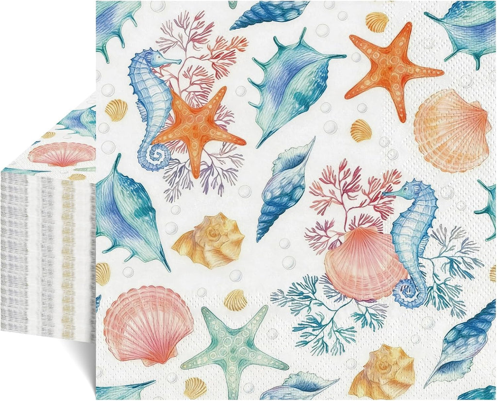 NatNarr 50 Pcs Seashell Napkins, 6.5" Coastal Beach Napkins Decoupage