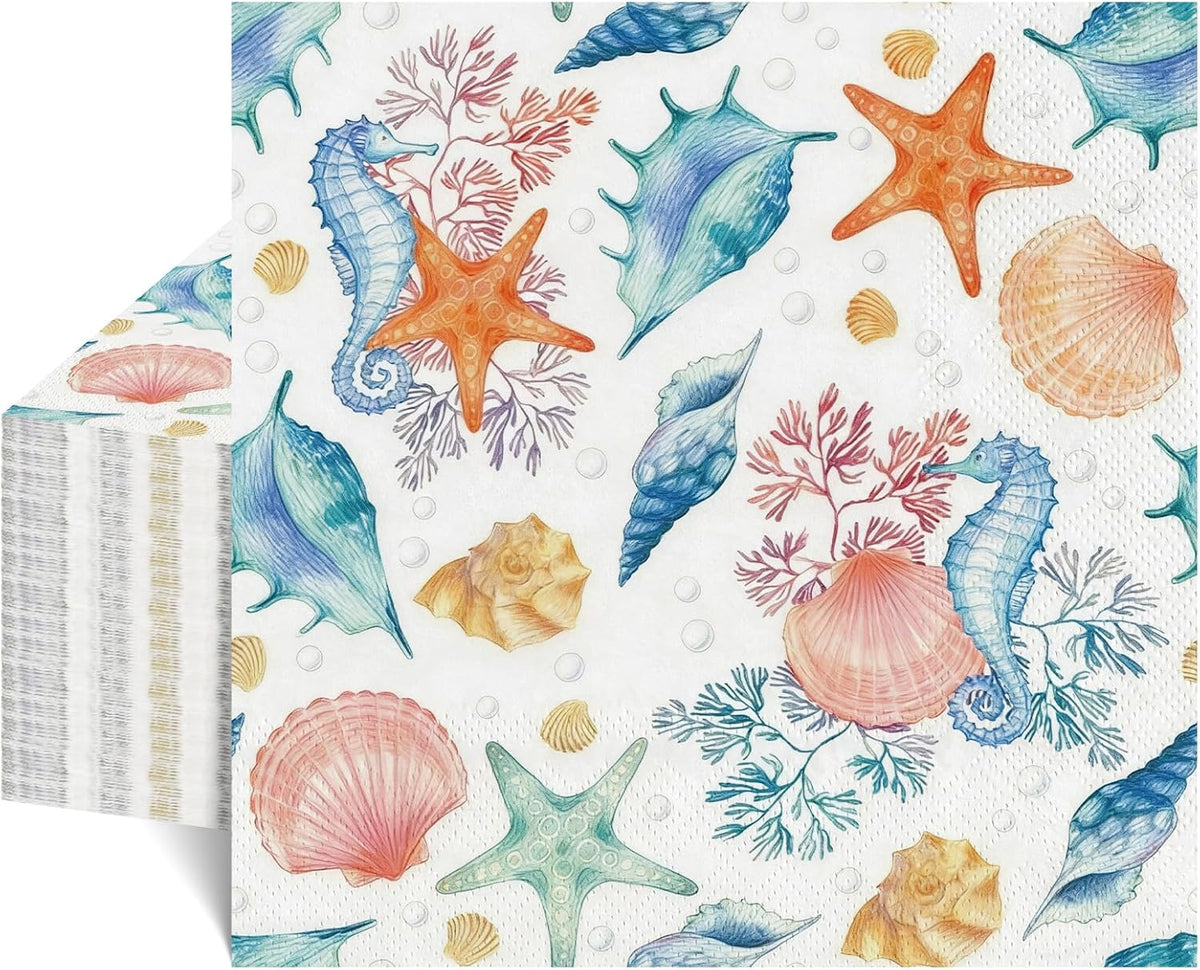 NatNarr 50 Pcs Seashell Napkins, 6.5" Coastal Beach Napkins Decoupage