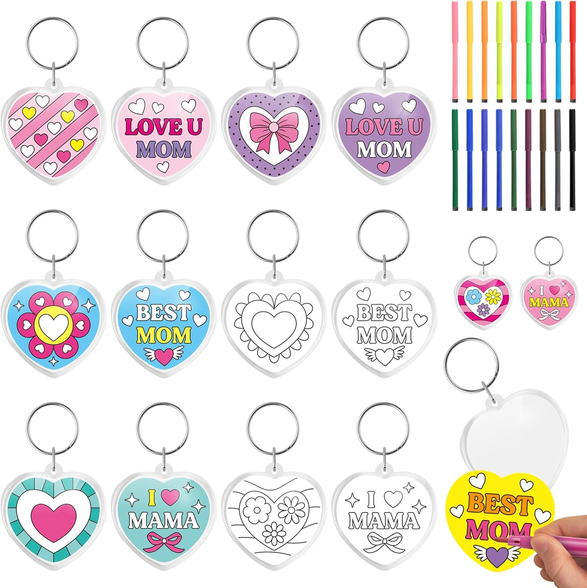 BeYumi Mother's Day Keychains Craft - 24Pcs Color Your Own Acrylic Heart Keychain Bulk DIY Best Mom Key Ring Set for Kids Love U Mom Thankful Coloring Card School Classroom Party Favor Gifts Activity
