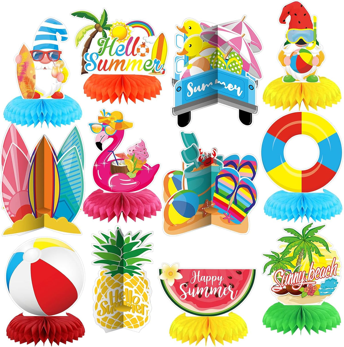 12 Pcs Summer Party Decorations Beach Honeycomb Centerpiece Summer Pool Table Topper Gnome Pineapple Flamingo Slipper Tropical Hawaii Table Centerpiece Decoration for Birthday Party Favor