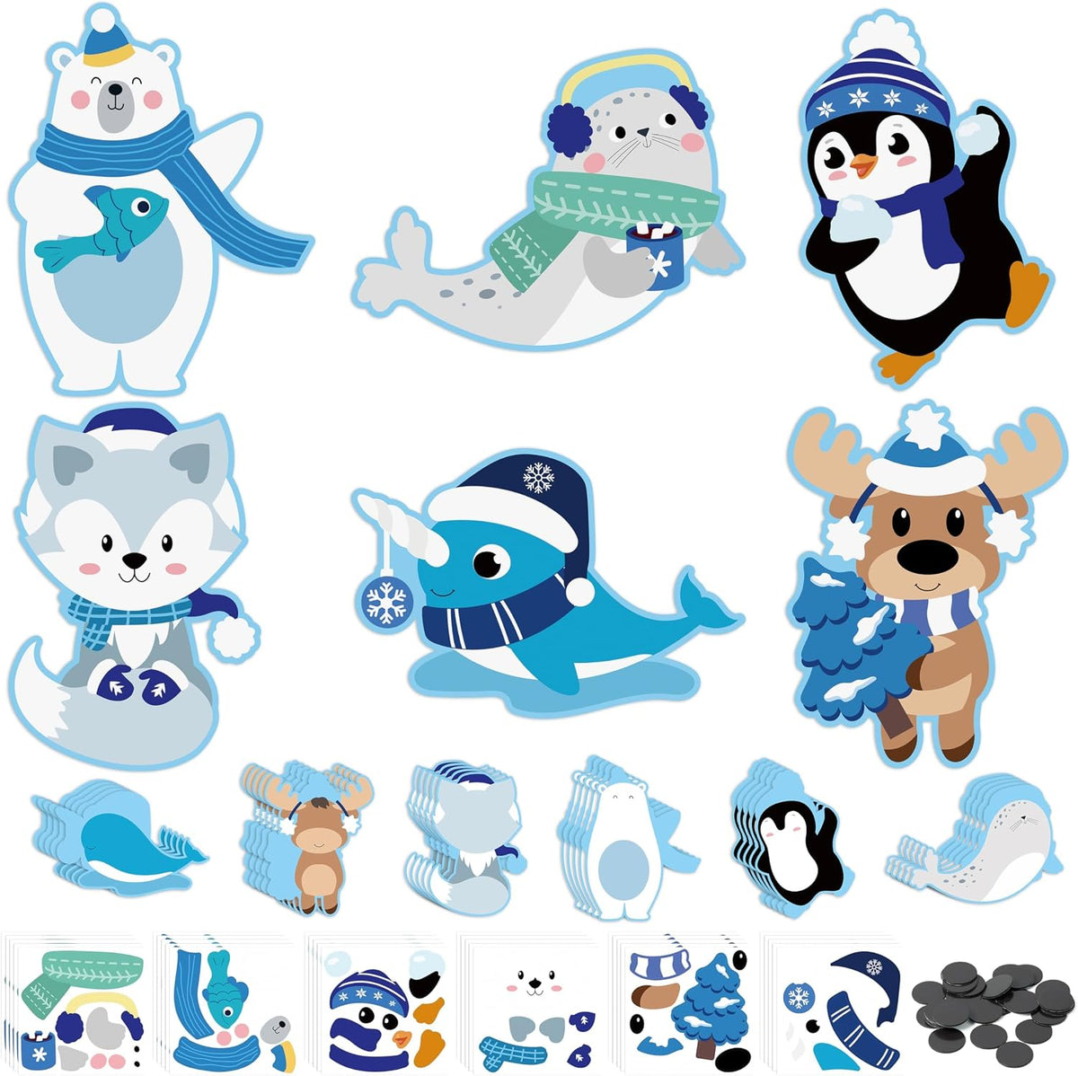 Haooryx DIY Polar Animal Magnet Craft Kit - 30 Set Make Your Own Winter Arctic Animal Sticker Decoration Christmas Paper Craft for School Art Project Refrigerator Bulletin Board Xmas Holiday Decor
