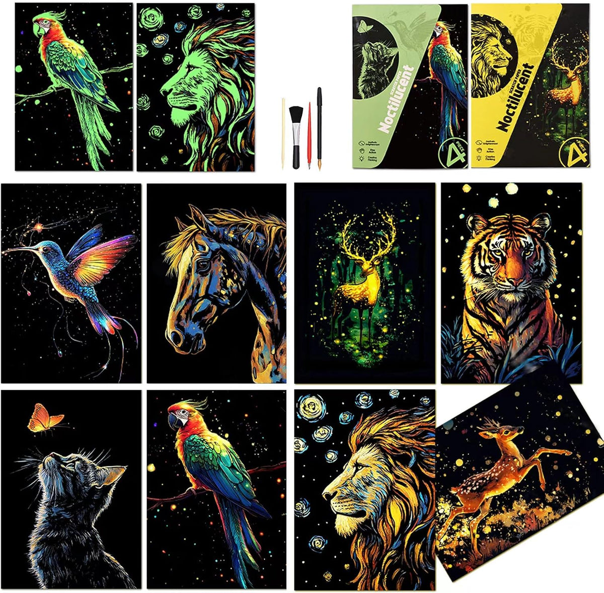 Scratchboard Art for Adults Luminous Scratch Painting Kits-A5/8 PCS-Animals