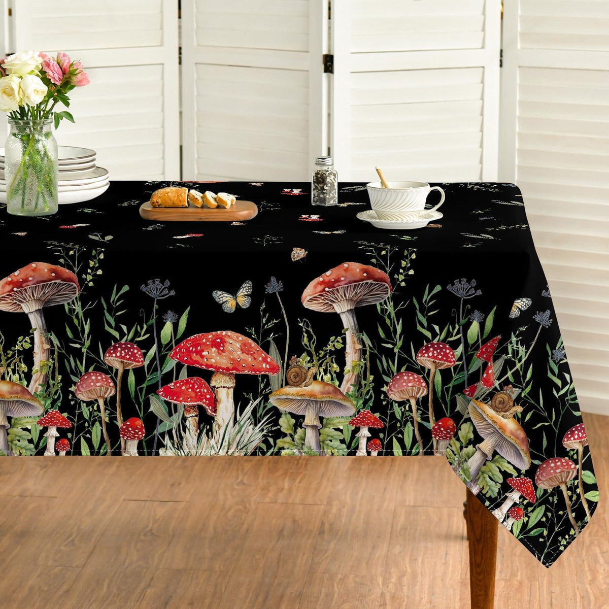 Mushroom Tablecloth 60x120 Inch Rectangle, Farmhouse Mushroom Forest Decorations for Home Table Cloth, Black Seasonal Decor Tablecloths Polyester for Picnic Party Dinner