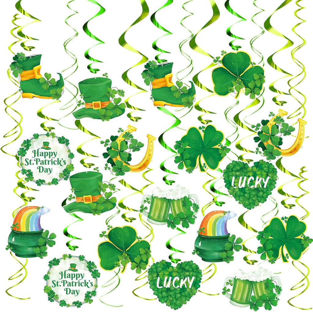 FRIDAY NIGHT 30Pcs St. Patrick's Day Hanging Decorations Irish Shamrock Foil Swirls Green Lucky Paper Cutouts Saint Patricks Day Party Decor for Ceiling Wall Irish Holiday Party Supplies