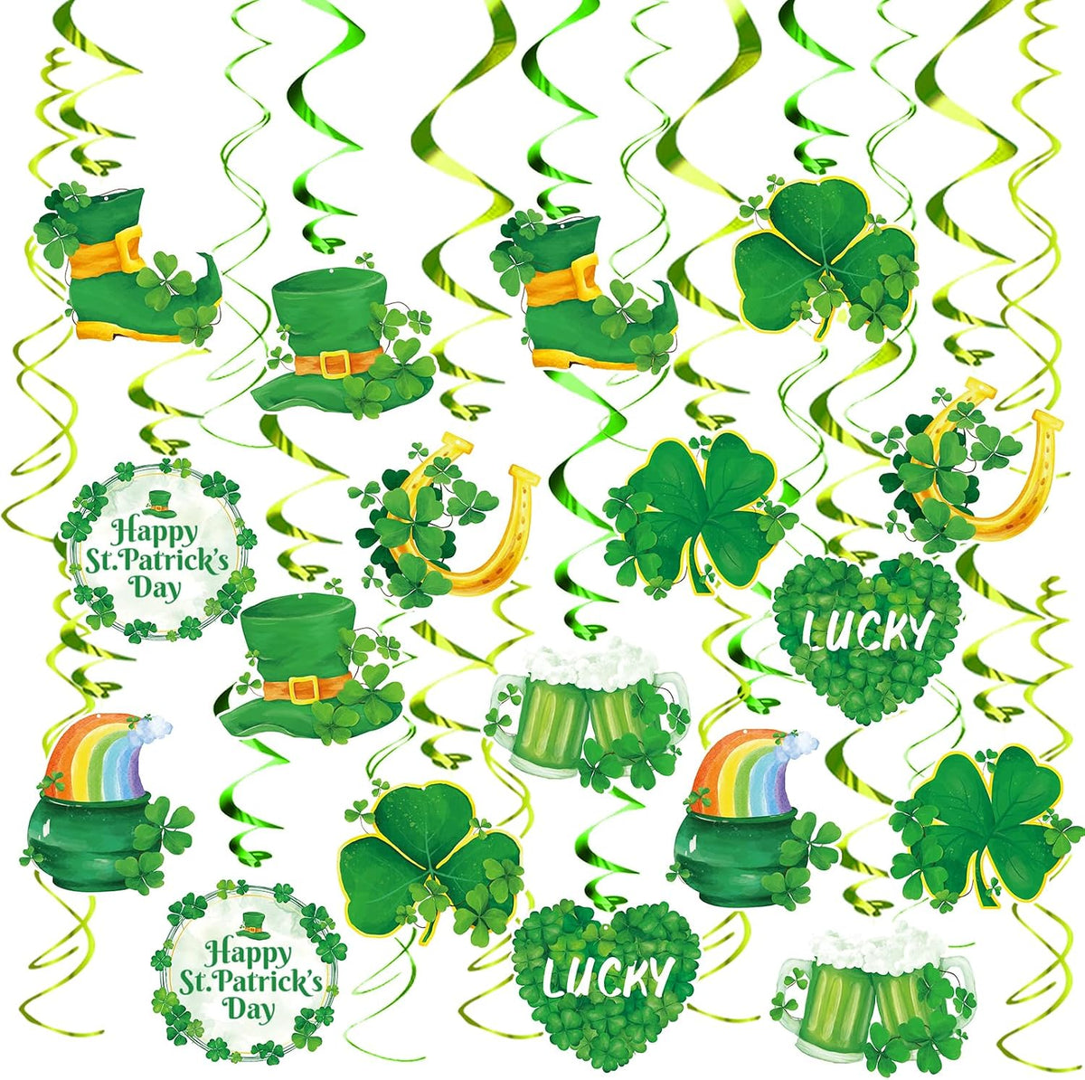 FRIDAY NIGHT 30Pcs St. Patrick's Day Hanging Decorations Irish Shamrock Foil Swirls Green Lucky Paper Cutouts Saint Patricks Day Party Decor for Ceiling Wall Irish Holiday Party Supplies