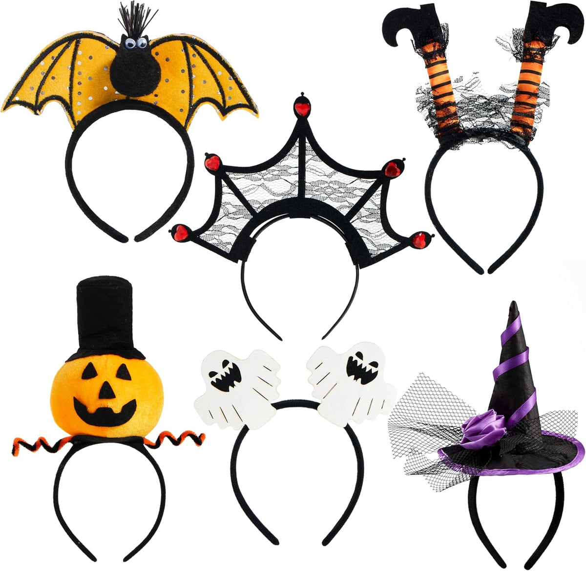JOYIN 6 Pcs Halloween Headbands Pumpkin, Bat, Witch, Ghost, Witch Legs, Spider Web for Halloween Party, Costume, Trick or Treating, Cosplay Decoration (One Size Fit All)