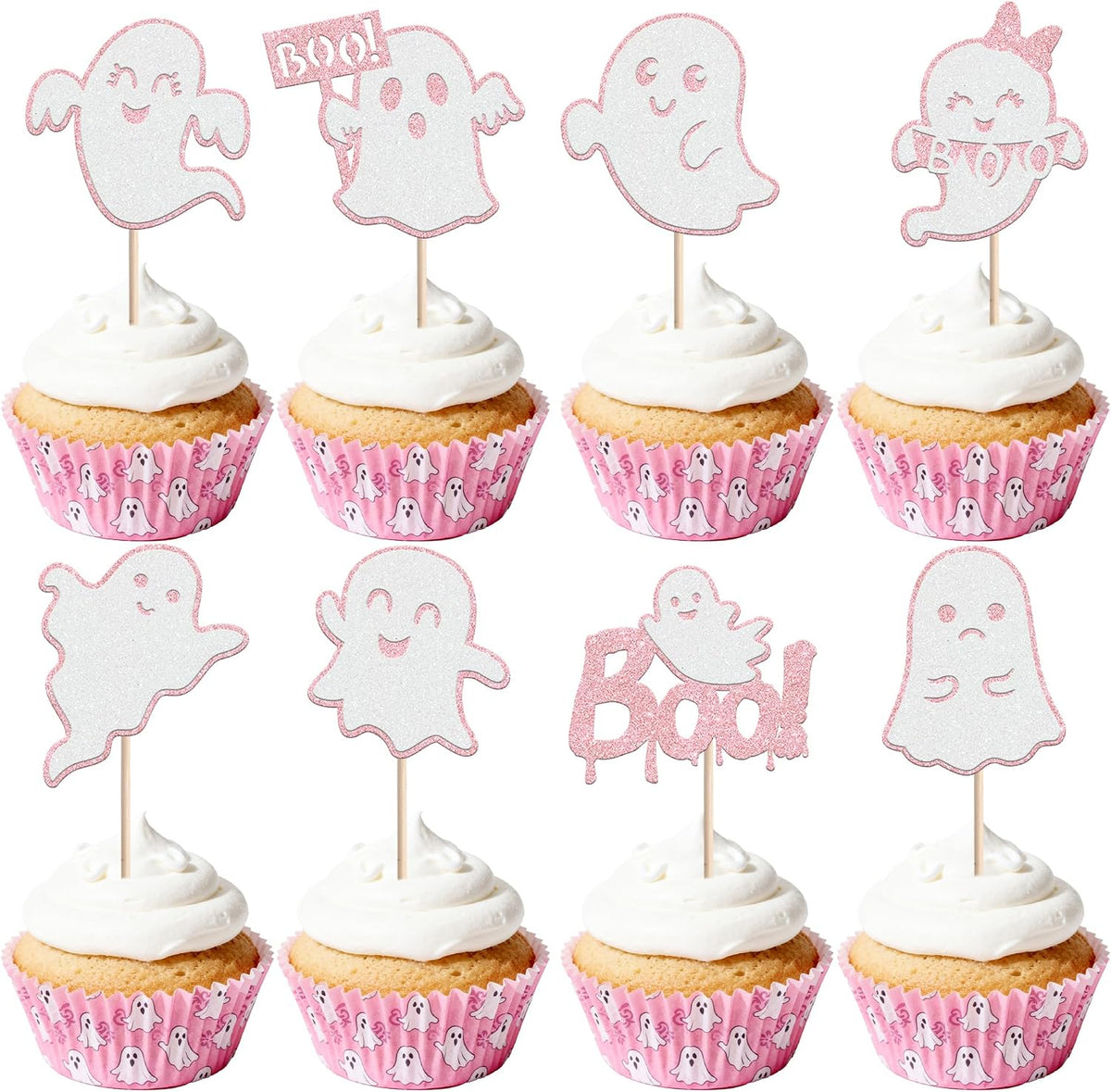 24 PCS Ghost Boo Cupcake Toppers Glitter Halloween Ghost Cupcake Picks Little Boo Cupacke Decorations for Halloween Theme Baby Shower Kids Girl Birthday Spooky Party Cake Decorations Supplies Pink