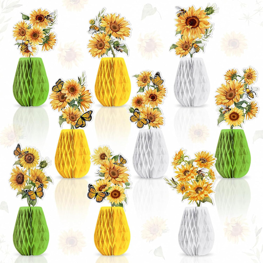 AmazingSpark 9 Pcs Sunflower Honeycomb Table Decorations Summer Centerpieces for Table Baby Shower Birthday Party Decor Yellow Honeycomb Centerpieces for Home Office