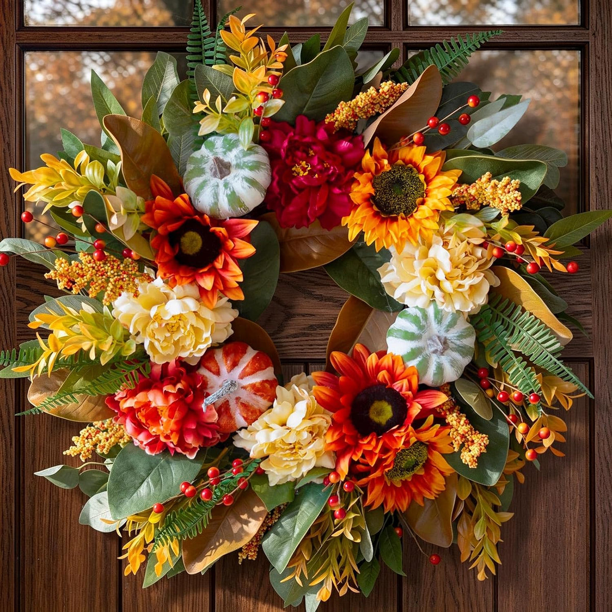 Pinkpum 20" Fall Wreath Front Door Pumpkin Sunflower Pine Cones Wall Decor
