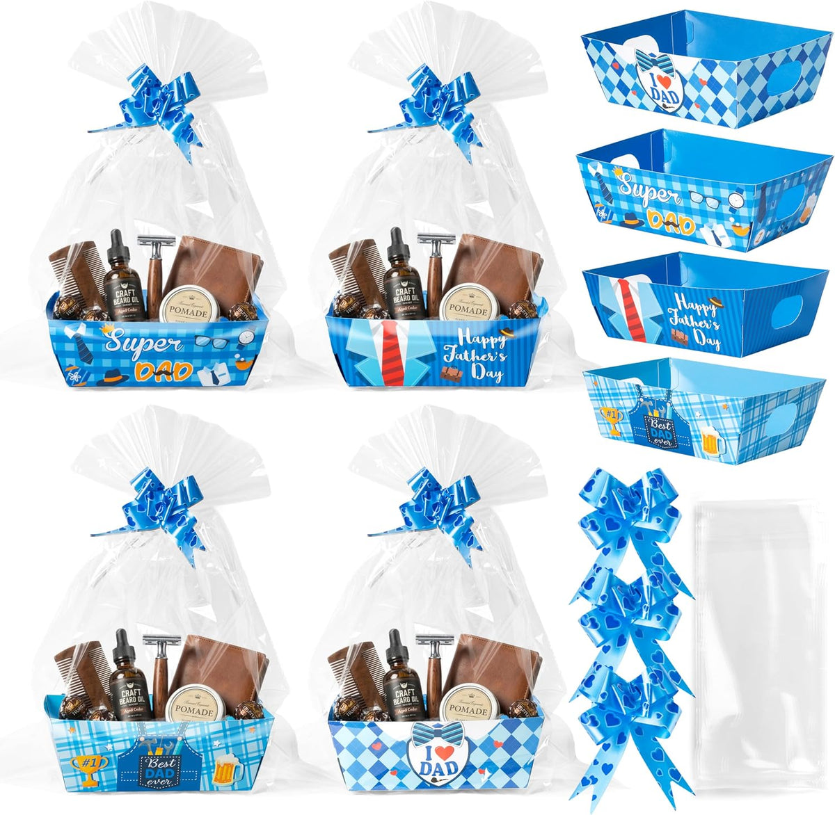 OSNIE Dad Empty Gift Baskets for Father's Day - 24 Sets Happy Father’s Day Blue Basket Bulkor Gifts Empty with Cellophane Basket Bags Ribbons Bows, Dad Theme Party Favors for Anniversary Birthday