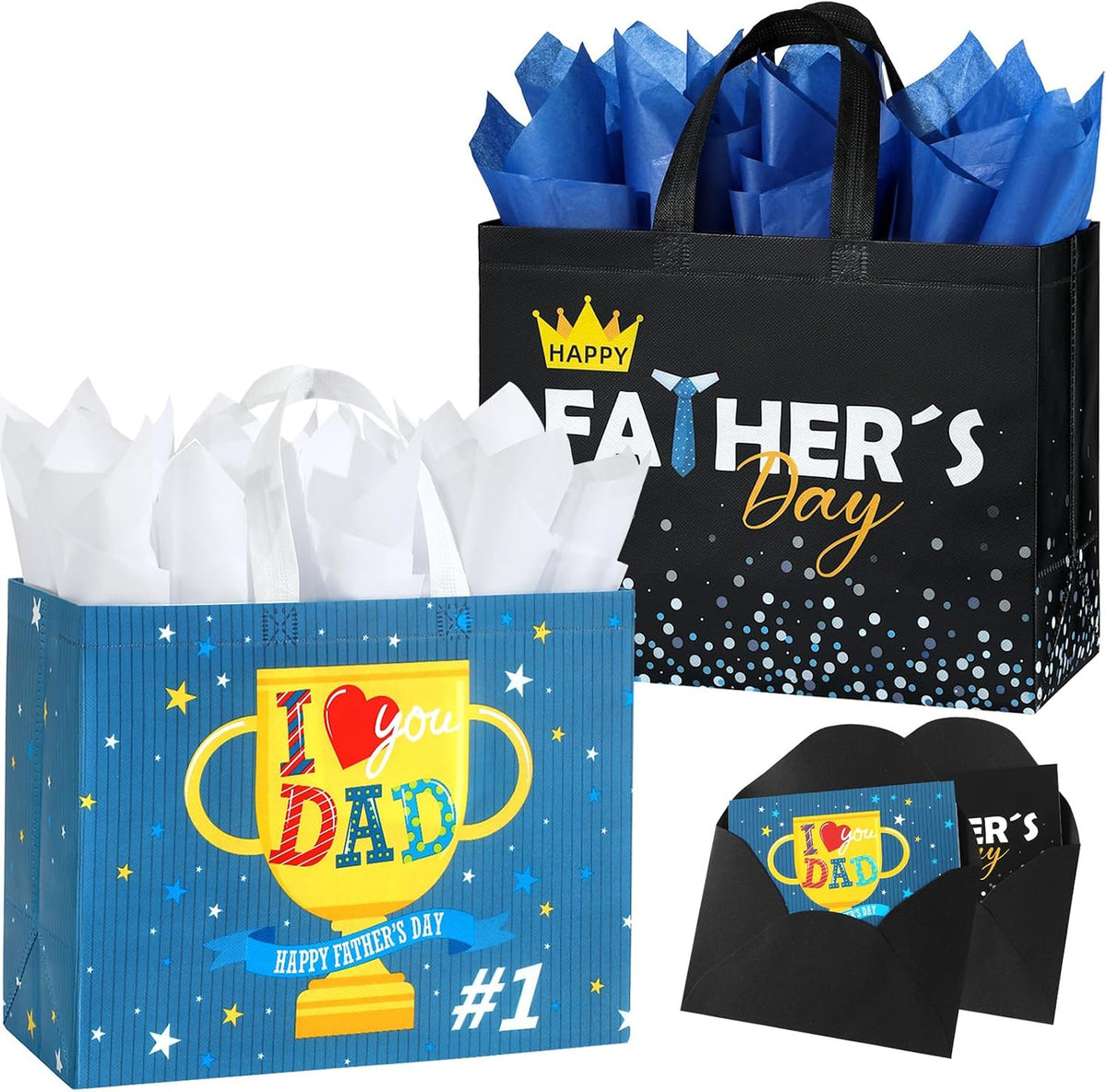 STYPOP 2 Pack 13" Fathers Day Gift Bags with Tissue Paper, Reusable Non-Woven Fathers Day Bags for Men/Dad/Grandpa, Medium Men Gift for Party Favor, 12.8"*10.2"*6.3"