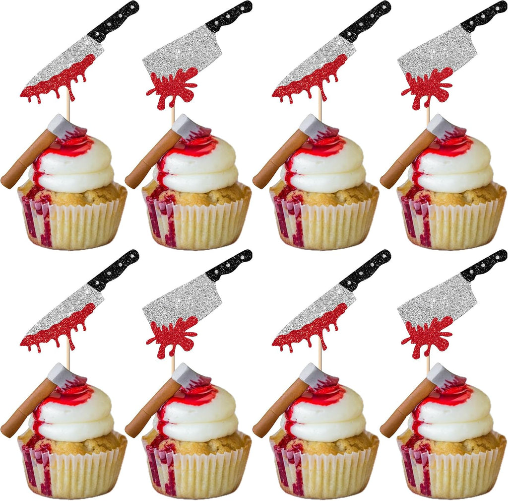 Rsstarxi 24 Pack Halloween Cupcake Toppers Horror Blood Knife Cupcake Picks Have a Killer Birthday Cake Decorations for Halloween Blood Knife Theme Birthday Party Decorations