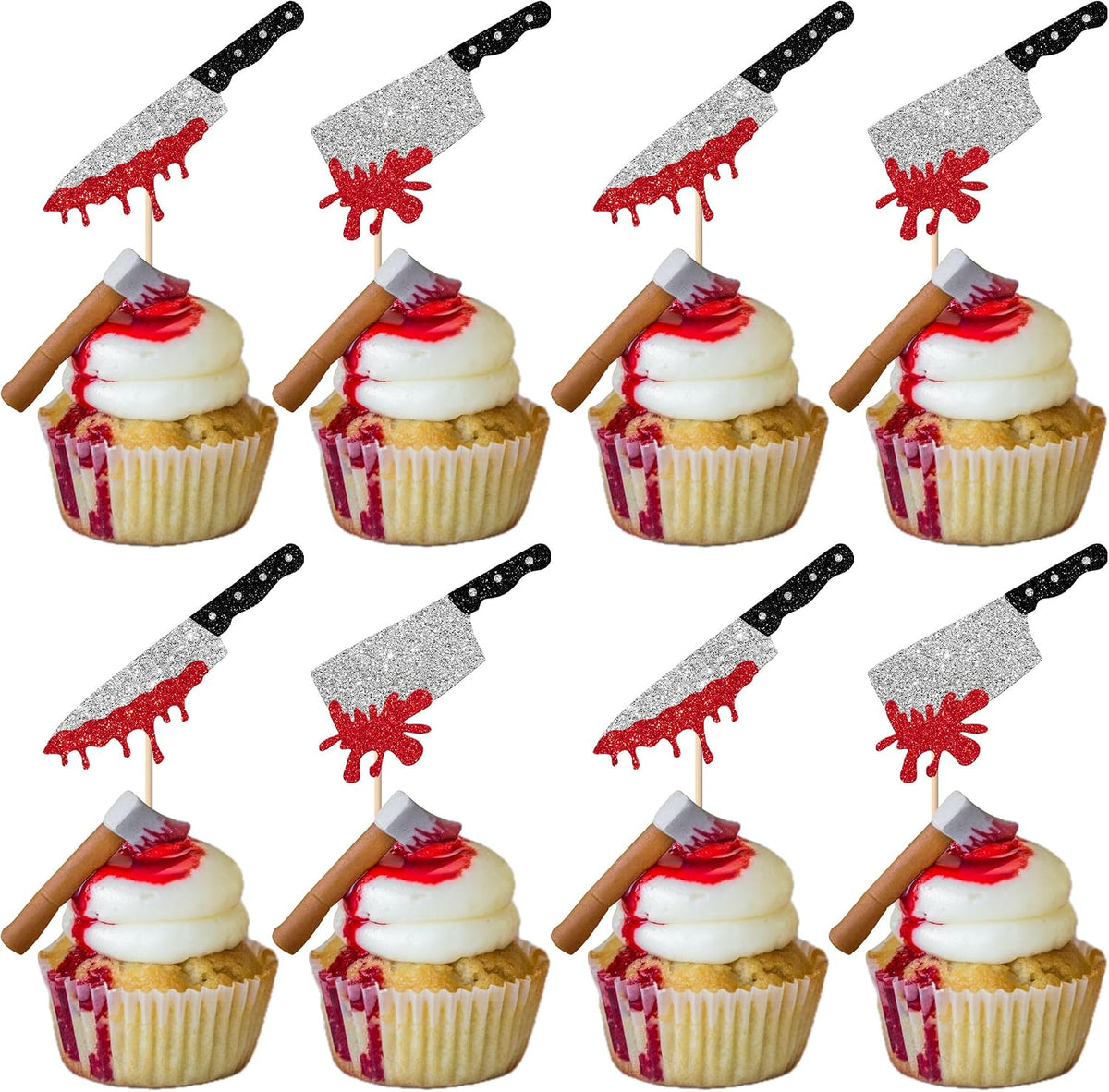Rsstarxi 24 Pack Halloween Cupcake Toppers Horror Blood Knife Cupcake Picks Have a Killer Birthday Cake Decorations for Halloween Blood Knife Theme Birthday Party Decorations