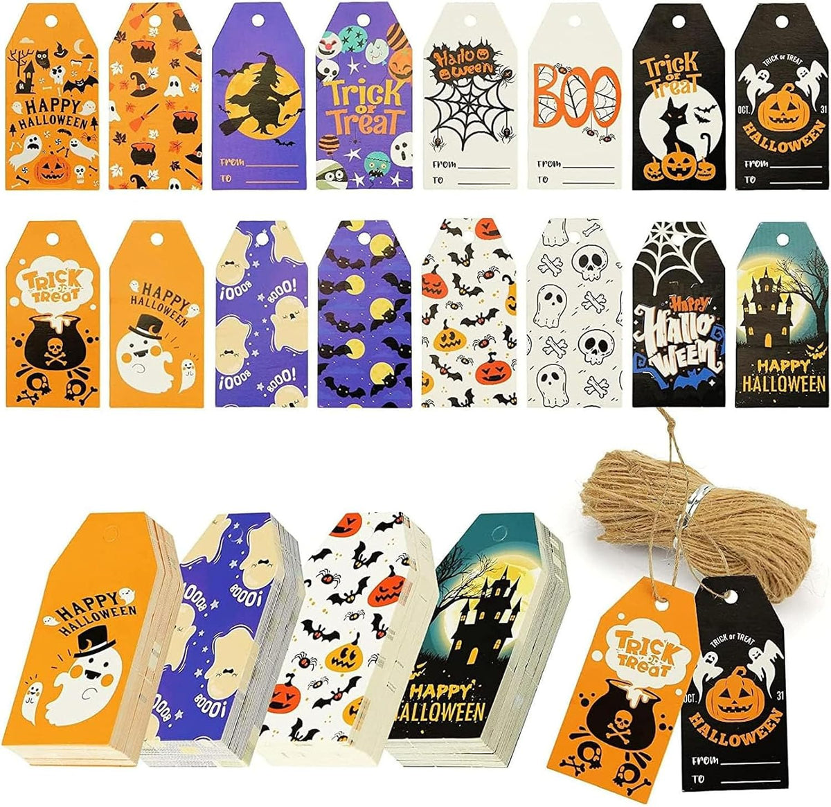 SallyFashion 160 Halloween Tags with String, 16 Styles