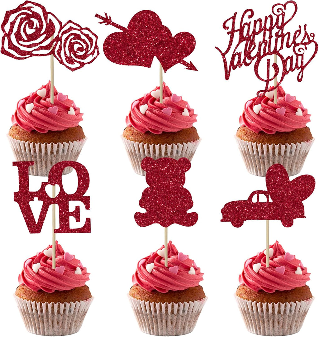 Valentines Cupcake Toppers, 24 PCS Happy Valentines Cupcake Toppers, Glitter Red Heart Love Bear Cupcake Picks Food Picks Toppers Cake Decorations for Valentine's Day Party Decorations Supplies