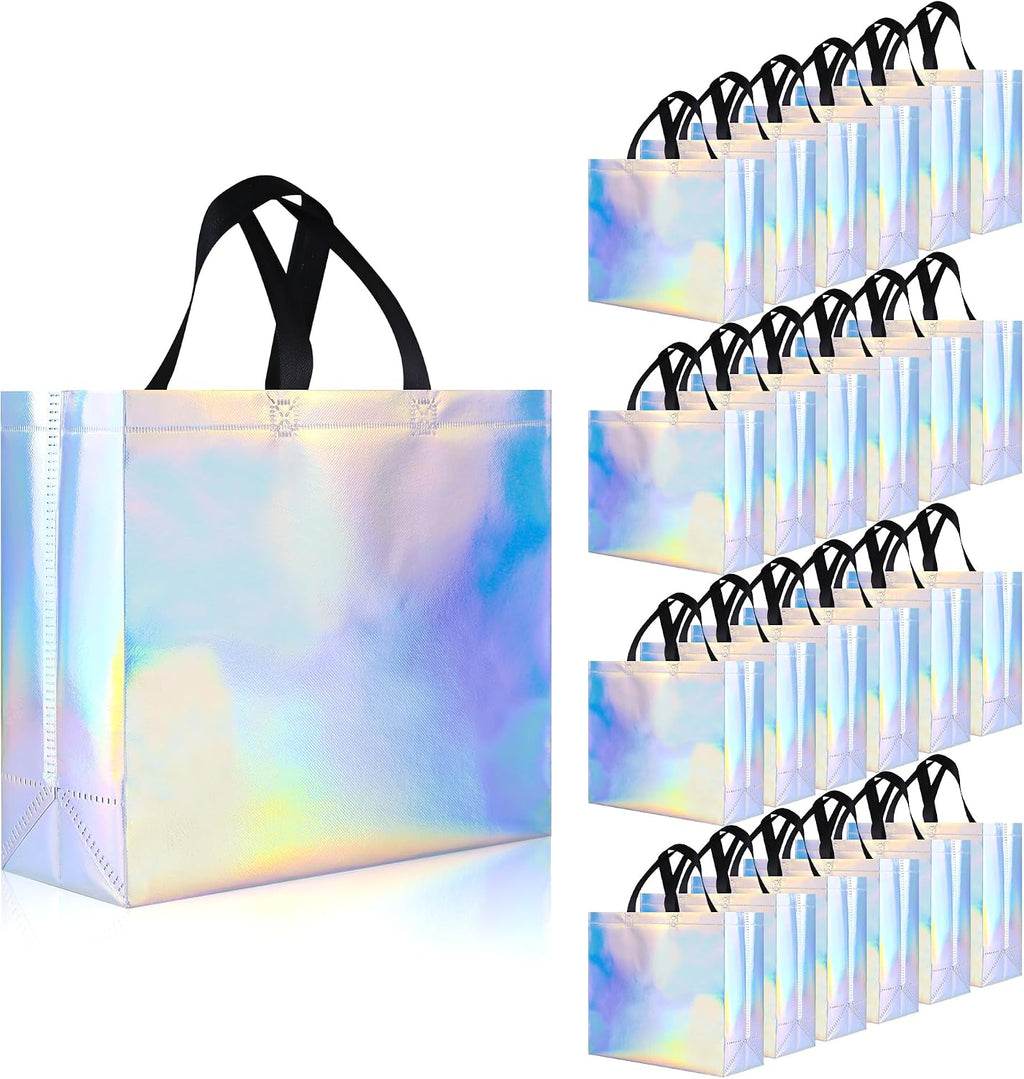 cabzymx 25 Pcs Iridescent Glossy Reusable Gift Bags with Handles & Sturdy Bases, 12.6x4.7x11 In Holiday Party Gift Bags Bulk for Birthday, Wedding, Xmas, Thanksgiving