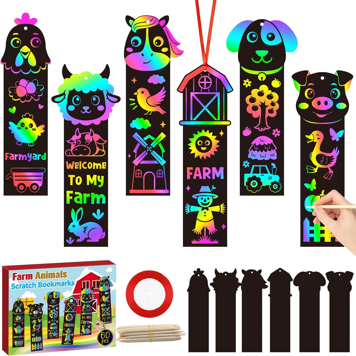 CY2SIDE Farm Animals Scratch Bookmarks - 60PCS Barnyard Animals Pig Cow Color Paper Cards Craft Kits for Kids, Spring Magic Art Scratch Bookmarks for Farm Birthday Party Favors Classroom Activities