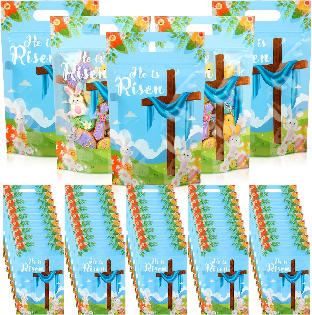 Engrowtic 100 Pcs Easter Treat Bags Reusable Easter Zipper Bags He Is Risen Plastic Gift Bag with Cross Bunny Holiday Bag with Handles for Spring Party Favor Wrapping Supplies