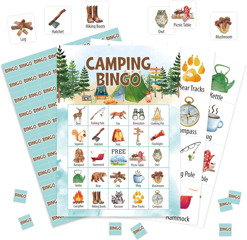 Camping Bingo Game, Nature Bingo Cards Set, Hike Field Trip Outdoor Activities Supplies for Adults, Family Friends Activities Favors Decorations for 24 Player, 01