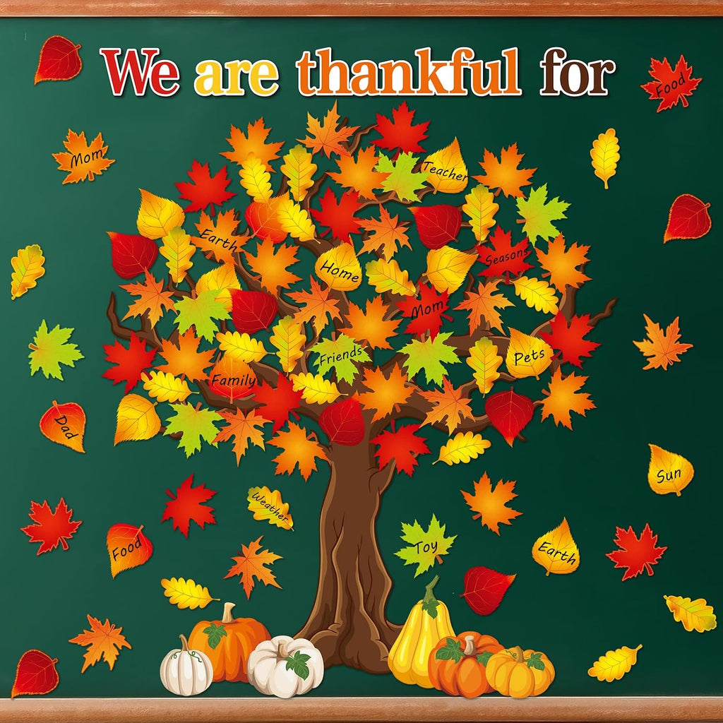 Ctosree 99 Pcs Fall Thanksgiving Bulletin Board Decorations Set We are Thankful for Classroom Wall Decor Autumn Maple Leaves Pumpkin Make Your Own Large Thankful Tree for Autumn Harvest Party Decor