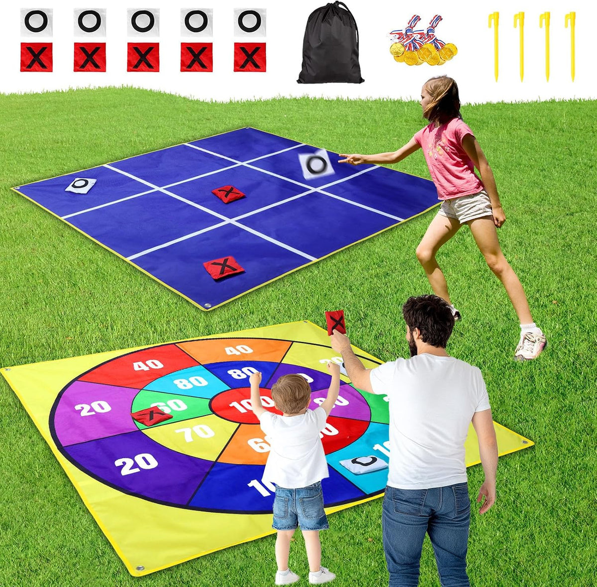 2-in-1 Outdoor Giant Tic Tac Toe Bean Bag Toss Games for Kids Adults, 4.5Ft Double-Sided Large Outside Lawn Yard Backyard Carnival Field Day Beach Picnic Camping Birthday Party Family Reunion Game