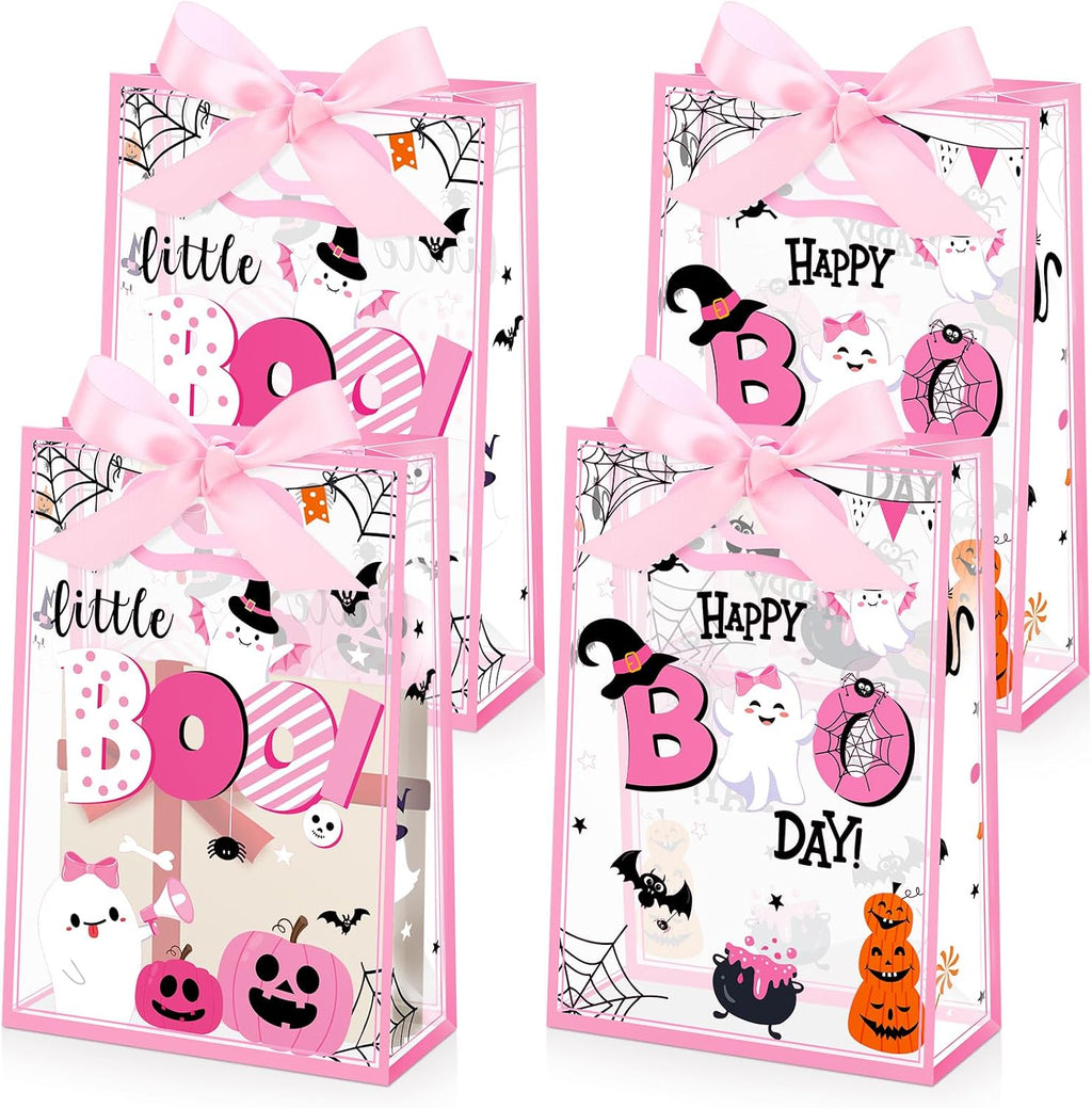 Capoda 24 Pcs Boo Pink Gift Bags Plastic Die Cut Handles with Ribbon