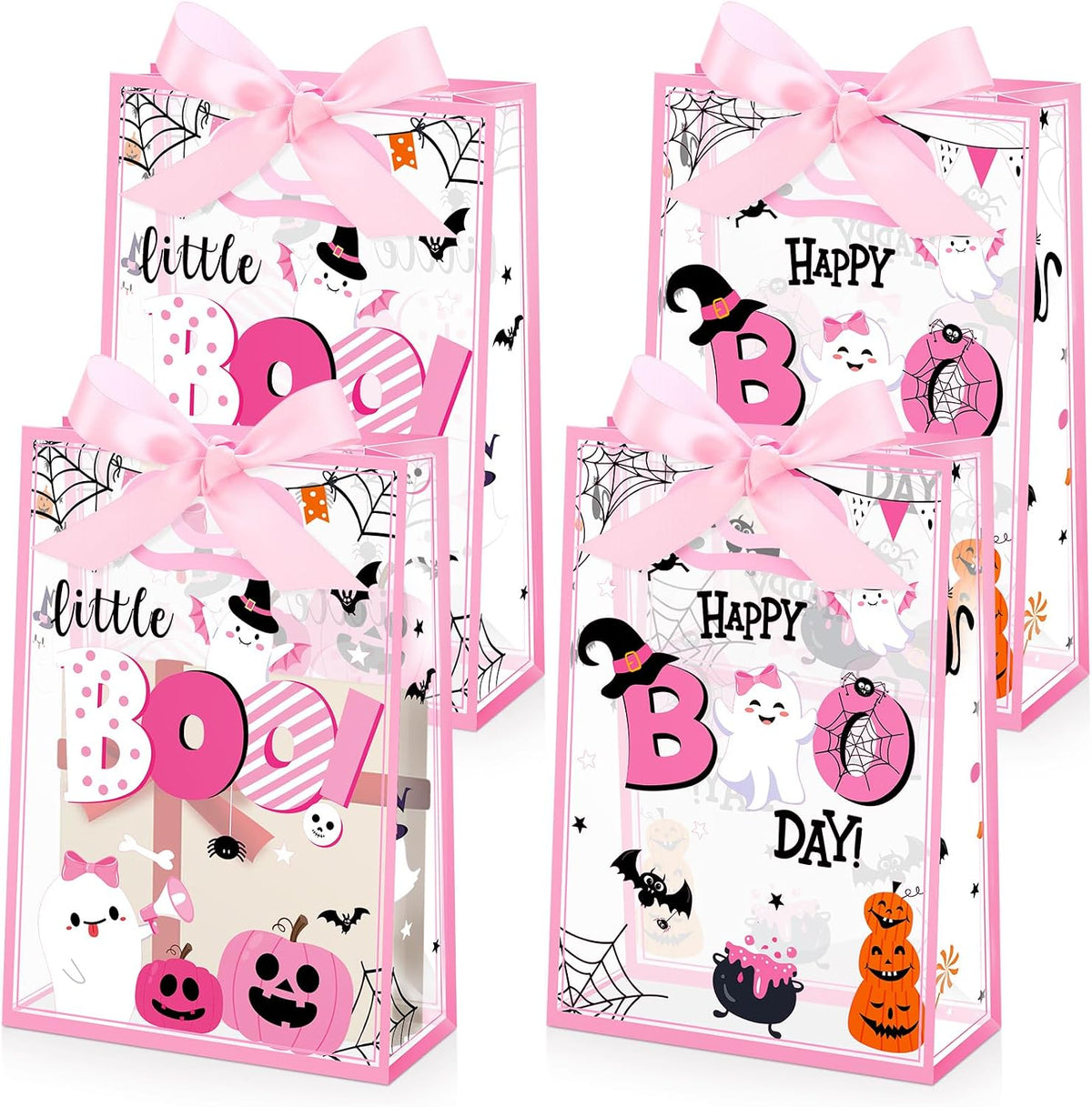 Capoda 24 Pcs Boo Pink Gift Bags Plastic Die Cut Handles with Ribbon