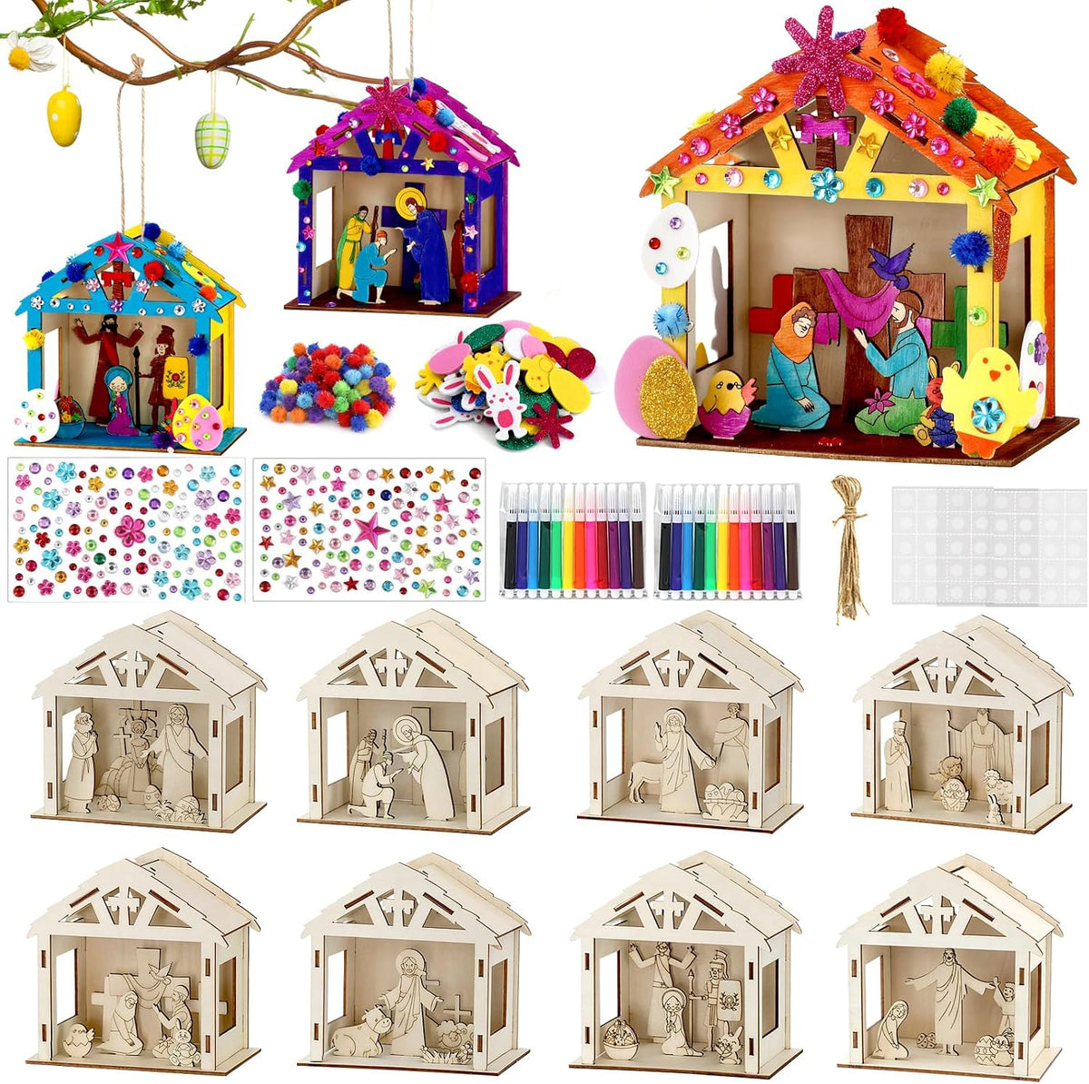 8Pcs Christian Easter Crafts Wooden House for Boy Girl & Adult, Religious Easter Activities DIY Kit with Jesus He Is Risen Egg Bunny, Spring Bible Art Gift for Basket Stuffers Party Favors Decor Bulk