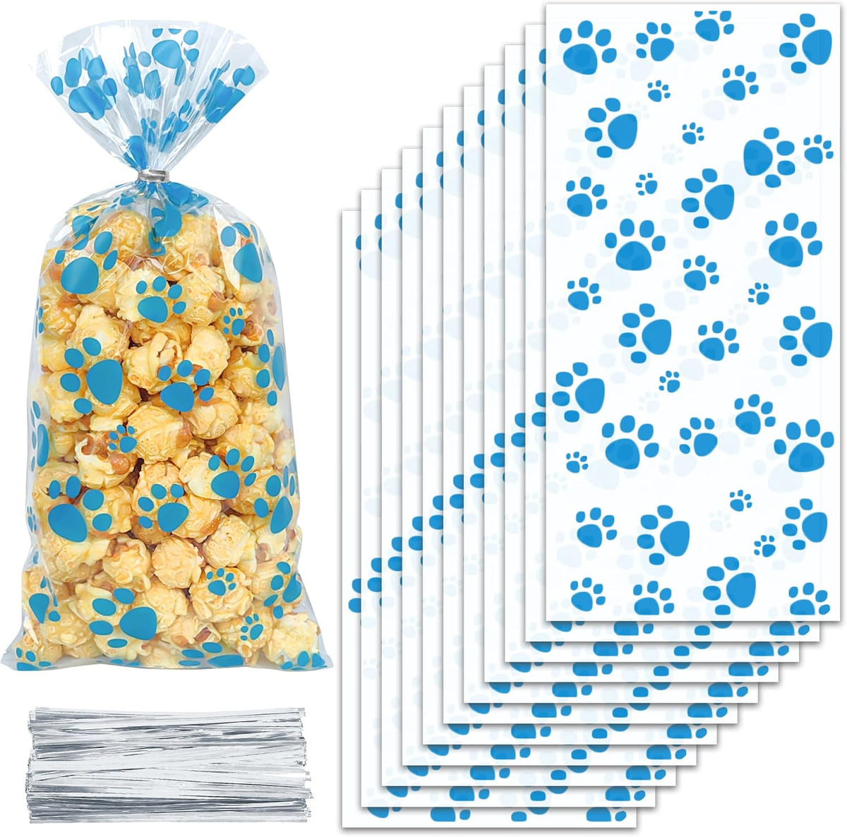 ZYLOP 50 Pcs Blue Dog Treat Bags - 5 x 11 Inch Clear Cellophane Dog Gift Bags with 60 Silver Twist Ties, Paw Print Bags for Pet Treats, Cat Treats, Candy, Cookies & Party Favors