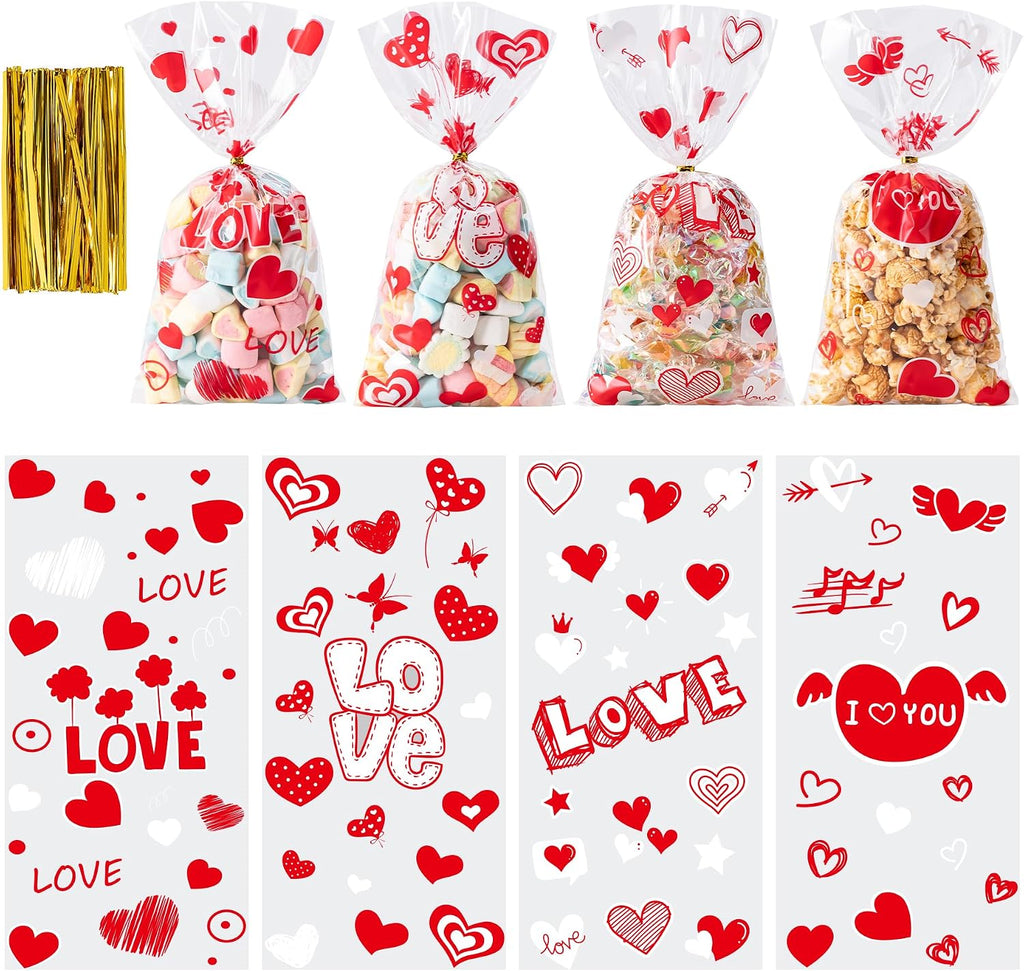 Valentines Cellophane Bags 120pcs Valentines Candy Bags with 140pcs Twists