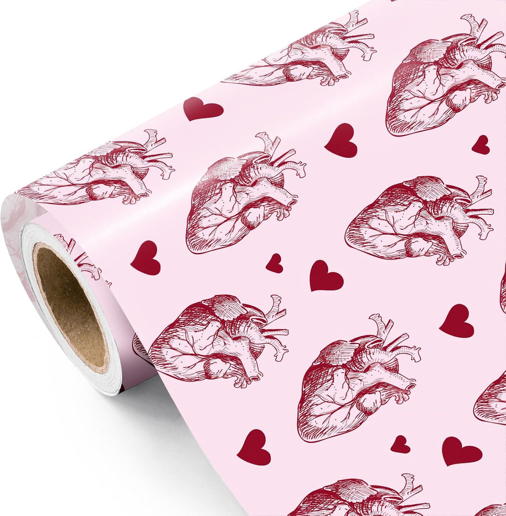 WRAPAHOLIC Gothic Valentines Day Wrapping Paper Roll - Mini Roll - 17 Inch x 16.5 Feet - Gothic Anantomy Heart Wrapping Paper for Valentine's Day, Anniversary, Birthday