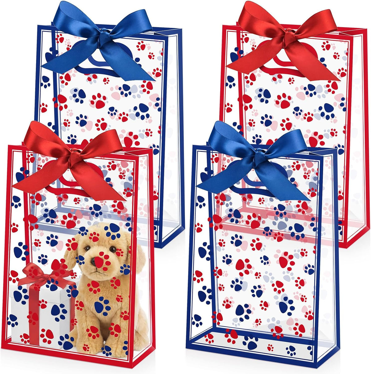 Capoda 24 Pack Patriotic Paw Patterns Gift Bags with Handles, Red & Blue Reusable Plastic Party Favor Bags, Large 4th of July Goody Bag for Kids, Pet Lovers, Independence Day BBQ, Parade for Fireworks