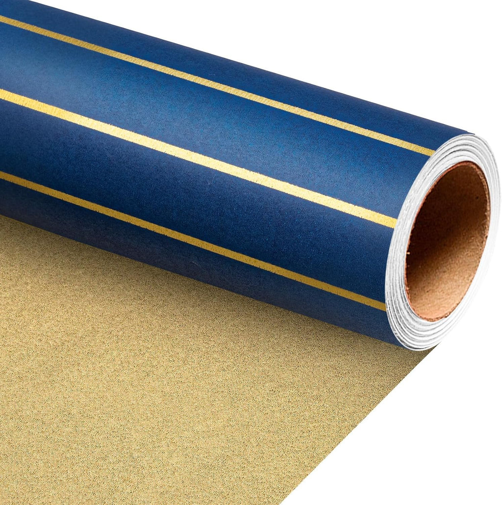 MAYPLUSS Navy Blue Gift Wrapping Paper Roll, 17IN X 16.5FT Gold Stripd Wrap