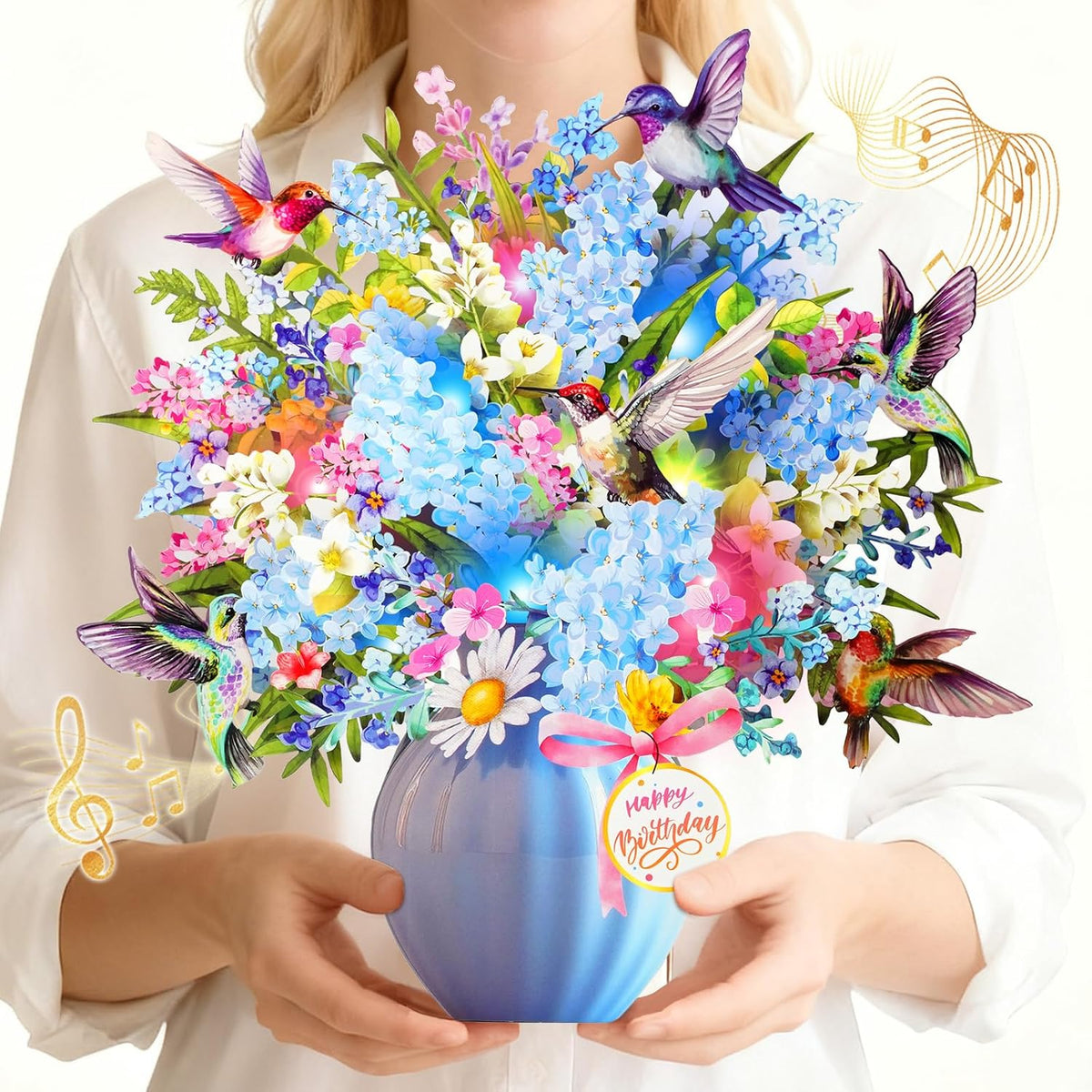 APOTODITO Birthday Card, Hummingbird Birthday Card with Music and Lights, Flower Bouquet Card for Women Mom Wife