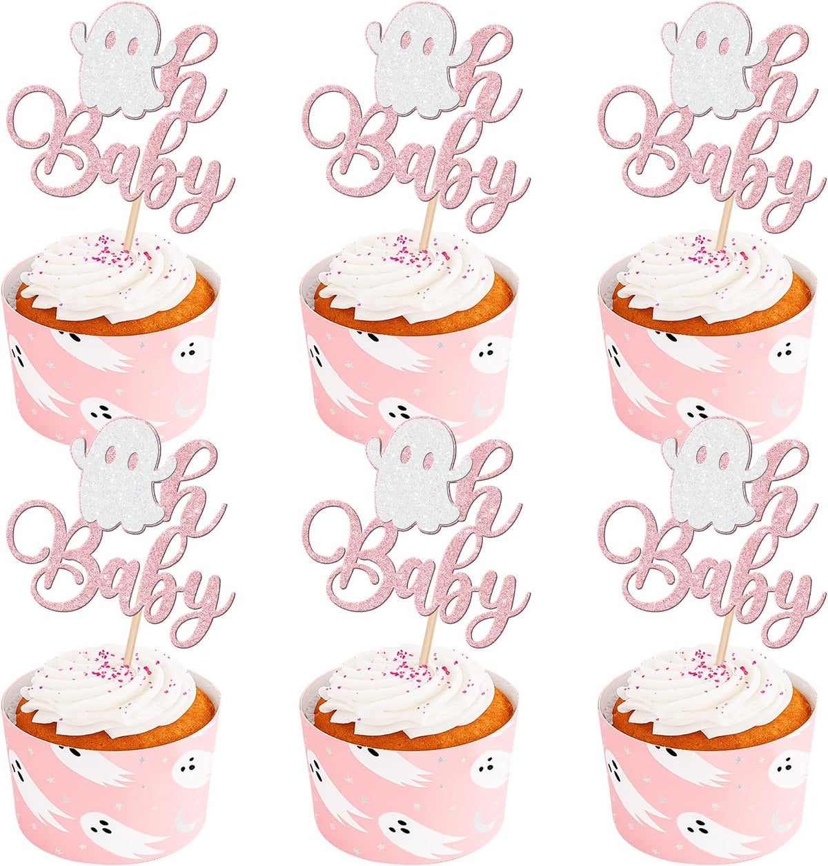 24 PCS Halloween Ghost Oh Baby Cupcake Toppers Glitter Halloween Baby Shower Cupcake Picks Little Boo Cupcake Topper for Halloween Baby Shower Birthday Party Cake Decorations Supplies Light Pink
