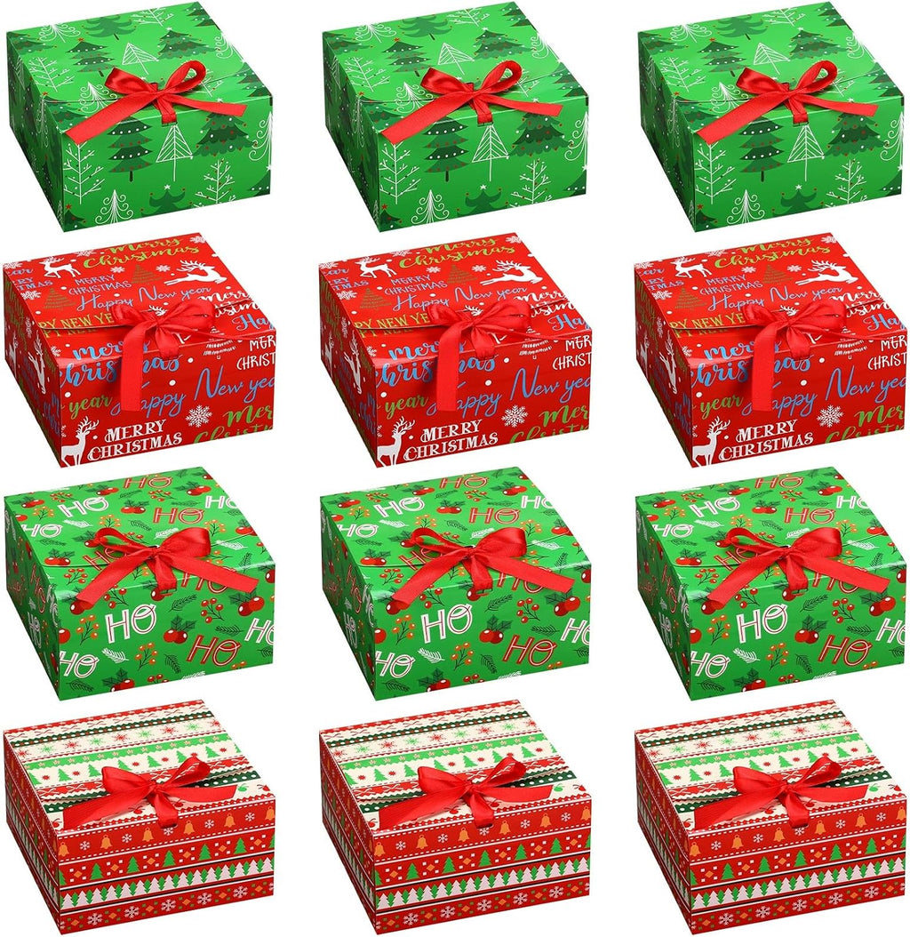 Blulu 12 Pack Christmas Gift Boxes with Lids Present Candy Cookie Boxes Christmas Gift Box with Ribbon Xmas Holiday Cupcakes Box for Pastries Donuts Treat Gifts Party Favors, 6.7 x 6.7 x 3.5 Inches
