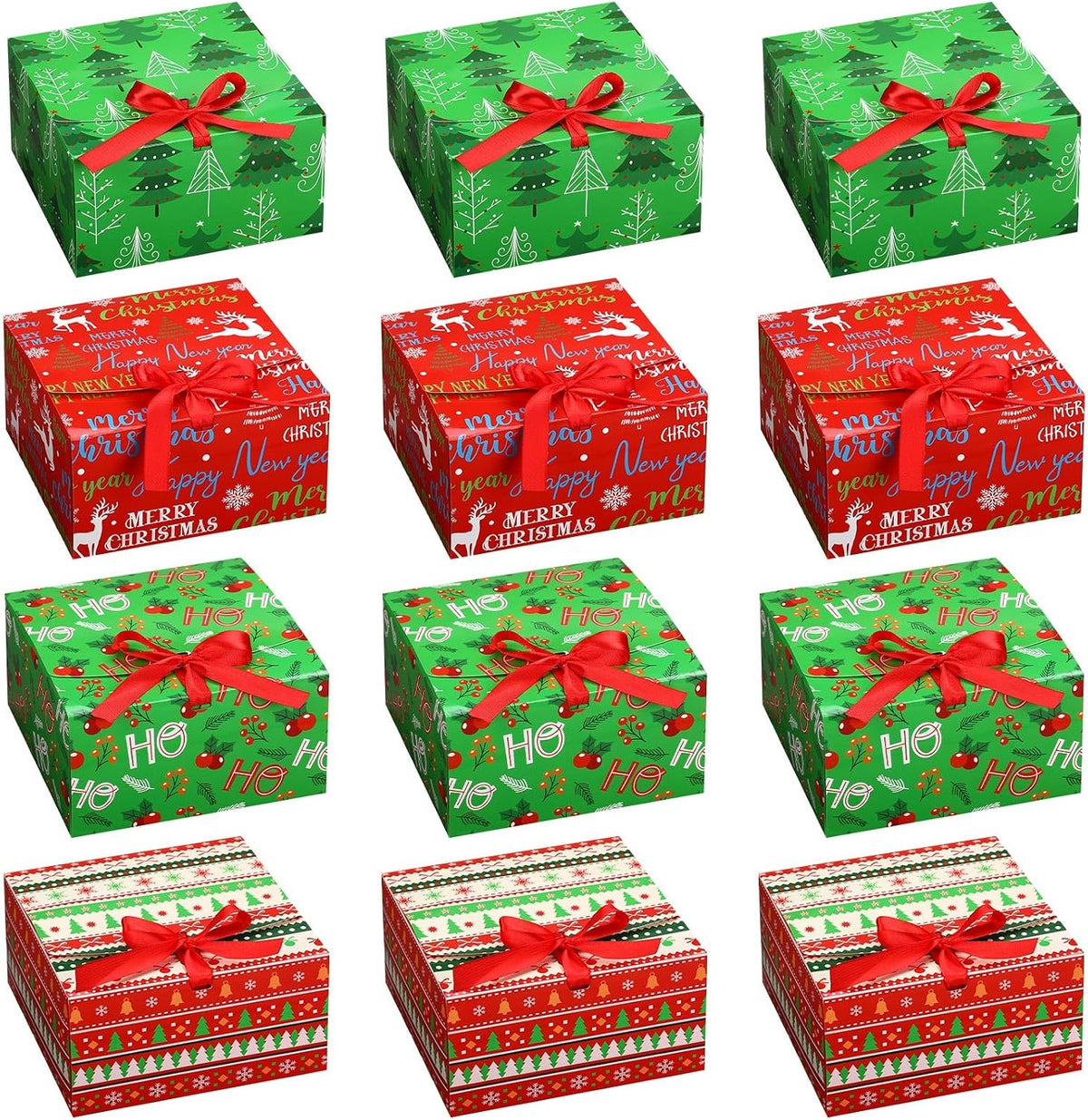 Blulu 12 Pack Christmas Gift Boxes with Lids Present Candy Cookie Boxes Christmas Gift Box with Ribbon Xmas Holiday Cupcakes Box for Pastries Donuts Treat Gifts Party Favors, 6.7 x 6.7 x 3.5 Inches