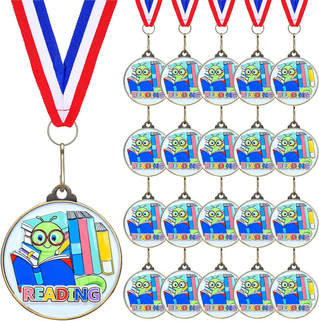20 Pcs Reading Medals Bulk 2'' Book Worm Reading Award Medals with Neck Ribbon Trophy Prizes Winner Gift for School Classroom Students Teaching Competitions Supplies