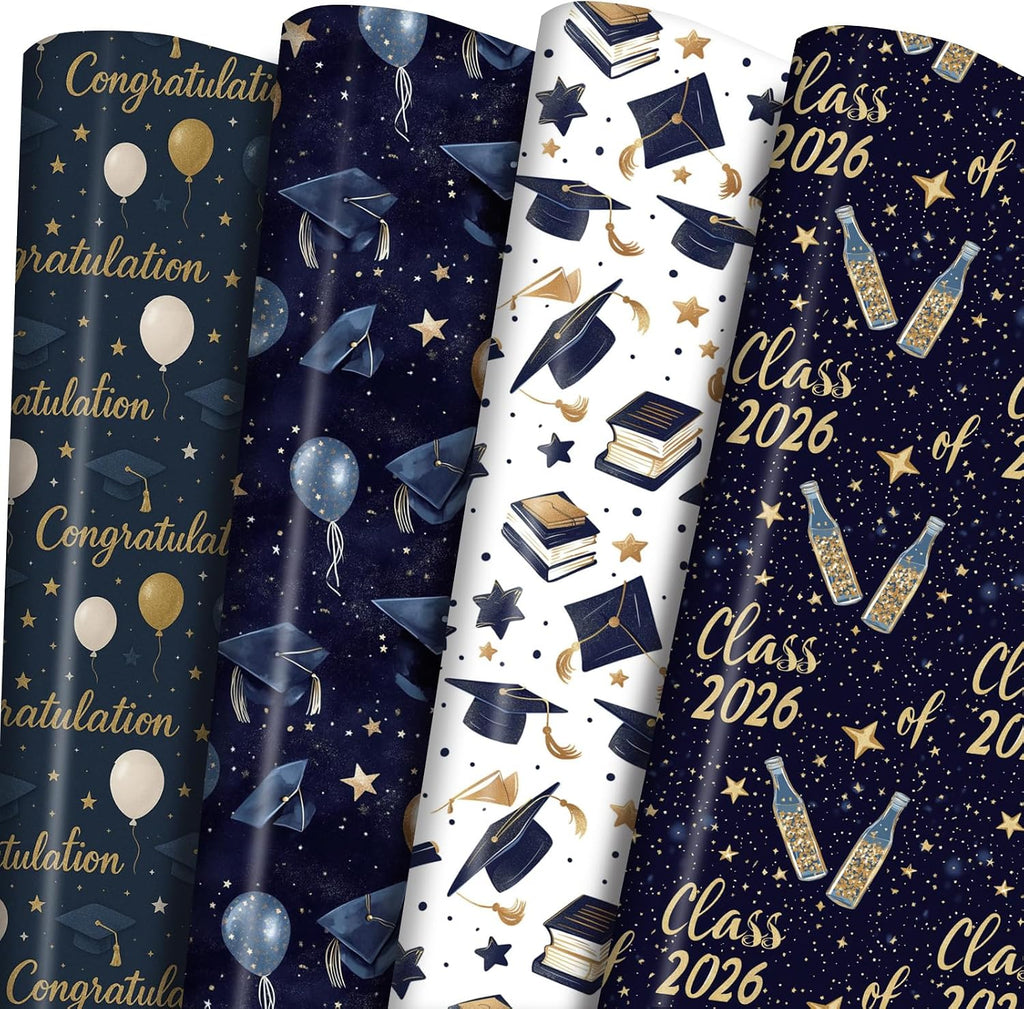 Ulmasinn Graduation Wrapping Paper, 4 Class of 2026 Designs, Navy Blue & Gold Graduation Wrapping Paper for Graduation Gifts, Party Decorations, 20 x 29 Inch Folded 8 Sheets