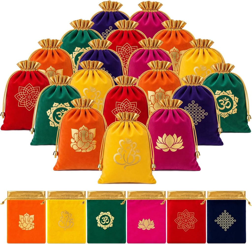 Kacctyen 48 Pcs Indian Return Gift Bags Bulk Traditional Potli Bags for Jewelry 6.7 x 9'' Kolam Print Farbic Return Gift Pouch with Drawstring for Pooja Diwali Housewarming Wedding Party Favor