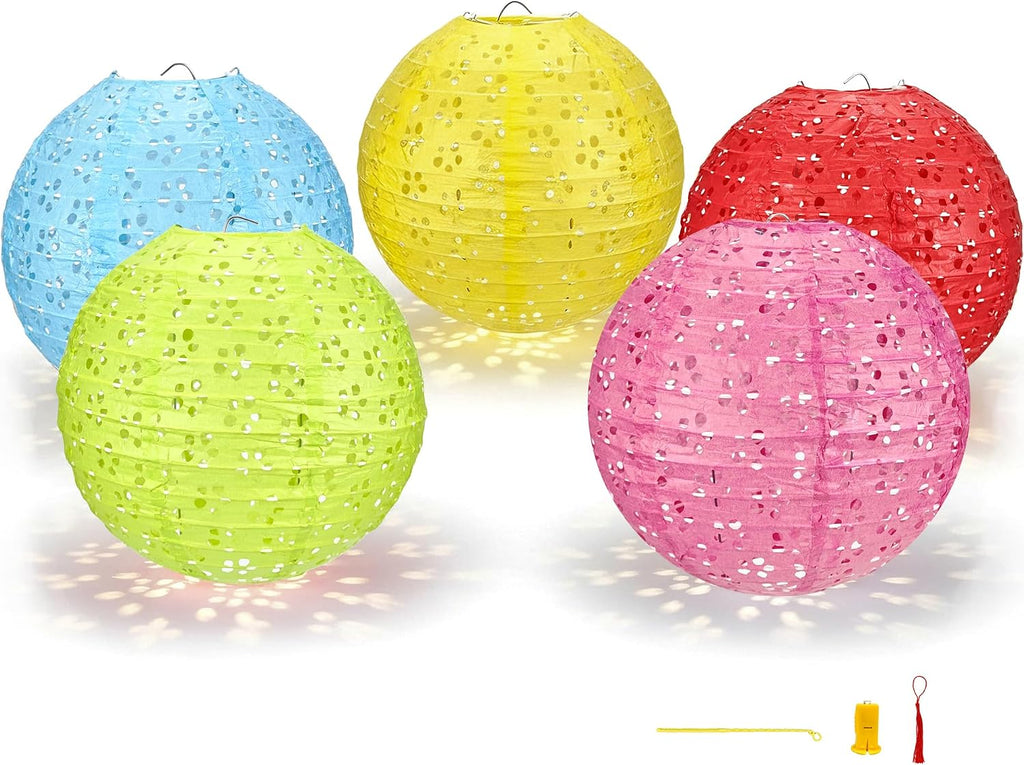 5Pack Chinese Lunar New Year Decorations 2026 Paper Lanterns with Lights Chinese Japanese Hanging Paper Lanterns with LED Sticks Tassels 8 Inch for Spring Festival Valentine's Day Party Decor